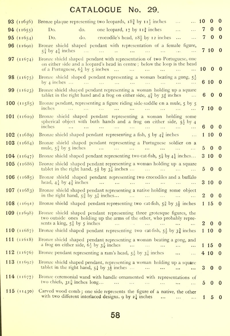 93 ( 11656) Bronze plaque representing two leopards, i8| by iiJ, inches 10 0 94 ( 655) Do. do. one leopard, 17 by ii| inches 7 0 95 ( 11654) Do. do. crocodile's head, 18 J by 12 inches 7 n yj 96 ( 11690) Bronze shield shaped jiendant with representation of a female figure, 5I by 4] inches 7 10 97 ( 11674) Bronze shield shaped pendant with representation of two Portuguese, one on either side and a leopard's head in centre ; below the loop is the head of a Portuguese, 6-1 by 5 inches 10 0 98 ( 11675) Bronze shield shaped pendant representing a woman beating a gong, 5^ by 4 inches ... 6 10 99 ( 11623) Bronze shield shaped }jendant representing a woman holding up a square tablet m the right hand and a irog on either side, 4f by 3f inches ry D 0 100 ( ''585) Bronze pendant, representing a figure riding side-saddle on a mule, 5 by 5 7 10 101 ( 11619) Bronze shield shaped pendant representing a woman holding some spherical object with both hands and a frog on either side, 5A by 4 inches 6 0 102 ( 11689) Bronze shield shaped pendant representing a fish, 5 by 4f inches 1 10 103 ( 11684) Bronze sliield shaped pendant representing a Portuguese soldier on a mule, by 5 inches 5 0 104 ( 11647) Bronze shield sliaped pendant representing two cat-fish, 5§ by 4-^ inches... 3 10 105 ( 11686) Bronze shield shaped pendant representing a woman holding up a square tablet in the right hand. 5-j^ by 3-g inches ... r 0 106 ( 11685) Bronze shield shaped pendant representing two crocodiles and a buffalo head, 4-4- by 4I inches 3 10 1 U / \ I I OS3; ijionze snjeiu snapeci penuani represeniing a ntiLi\e iioiuiiig some oijjeci in the right hand, 5f by 38 inches... 2 0 108 ( 1 1 ()() I ) Bronze shield shaped f)endant representing two cat-fish, 5^ by 3^ inches 1 15 109 ( I 1698) Bronze shield shaped pendant representing three grotesque figures, the two outside ones holding up the arms of the other, who probably repre- sents a king, 5-J-by 5 inches 2 0 I I 687) IJIKJII/^KZ oiiiClU olla^JLLl [JCllUuIlL I L Ul CoL 11L1JIJ^ I >\ \J Lal-UMl, ijy lIlLllCb 1 1 1 o 1 u 111 i 111 V, I I618) l>ron/.e shield shsptcl pendant rtiprcscntini^ 3. woniiin btn.ting a gon^^, and a frog on either side, 6\ by 3| inches 1 15 112 ( I 1676) I'lron/c pendant representini^ a ram's head, kI by v^ inches 4 10 113 { I 1 692) Bronze shield shaped pendant, representing a woman holding up a square tablet in the right hand, si by 3^ inches ... 3 0 IIO /-J ) Bronze ceremonial wand with handle ornamented with representations of two chiefs, 31 •] inches long... 5 0 115 ( 11430) Carved wood comb; one side represents the figure of a native, the other with two different interlaced designs, 9 by 2^ inches 1 5 0
