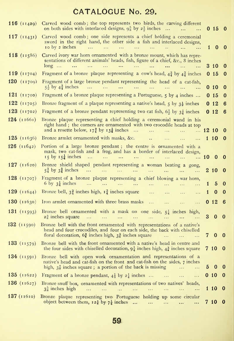 116 (11429) Carved wood comb; the top represents two birds, the carving different on both sides with interlaced designs, gf by -zh inches ... ... ... 0 15 0 117 (11431) Carved wood comb; one side represents a chief holding a ceremonial sword in the right hand, the other side a fish and interlaced designs, 10 by 2 inches ... ... ... ... ... .. ... ... 100 118 (11586) Carved ivory war horn ornamented with a bronze mount, which has repre- sentations of different animals' heads, fish, figure of a chief, &c., 8 inches long 3 10 0 119 (11704) Fragment of a bronze plaque representing a cow's head, 4f by 4I inches 0 15 0 120 (11709) Fragment of a large bronze pendant representing the head of a cat-fish, by 4I inches 0 10 0 121 (11700) Fragment of a bronze plaque representing a Portuguese, 5 by 4 inches ... 0 15 0 122 (11705) Bronze fragment of a plaque representing a native's head, 5 by 3^ inches 0 12 6 123 (11702) Fragment of a bronze pendant representing two cat fish, 6i by 3^ inches 0 12 6 124 (11667) Bronze plaque representing a chief holding a ceremonial wand in his right hand ; the corners are ornamented with two crocodile heads at top and a rosette below, 17I by 135 inches ... ... ... ... ...1210 0 125 (11636) Bronze armlet ornamented with masks, &c. .. ... ... ... 1 10 0 126 (11642) Portion of a large bronze pendant ; the centre is ornamented with a mask, two cat-fish and a frog, and has a border of interlaced design, 15 by i5j inches ... ... ... ... 10 0 0 127 (11620) Bronze shield shaped pendant representing a woman beating a gong, 51 by 3f inches ... ... ... ... ... ... ... ... 210 0 128 (11707) Fragment of a bronze plaque representing a chief blowing a war horn, 6 by 3I inches ... ... ... ... ... ... ... ... 1 5 0 129 (11644) Bronze bell, 3f inches high, i| inches square ... ... ... ...10 0 130 (11630) Iron armlet ornamented with three brass masks ... ... ... ... 012 6 131 (11593) Bronze bell ornamented with a mask on one side, 5} inches high, 2| inches square ... ... ... ... ... ... ... ... 300 132 (11590) Bronze bell with the front ornamented with representations of a native's head and four crocodiles, and four on each side, the back with chiselled floral decoration, 6f inches high, 3I- inches square ... ... ... 7 0 0 133 (11579) Bronze bell with the front ornamented with a native's head in centre and the four sides with chiselled decoration, 9-|-inches high, 4|-inches square 7 10 0 134 (11591) Bronze bell with open work ornamentation and representations of a native's head and cat-fish on the front and cat-fish on the sides, 7 inches high, inches square ; a portion of the back is missing ... ... 5 0 0 135 (11622) Fragment of a bronze pendant, 4^ by 21 inches ... ... ... ... 0 10 0 136 (11627) Bronze snuff box, ornamented with representations of two natives' heads, 3I inches high 110 0 137 (i 1610) Bronze plaque representing two Portuguese holding up some circular object between them, 12^ by 7:^ inches ... ... ... ... ... 7 10 0