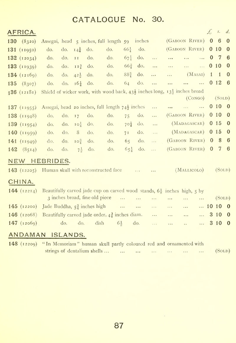 AFRICA. loU 1^0320^ 5 inches, full length 59 inches (Gaboon River) lOl {lig^O) Ho do. 145 do. do. 661 do. (Gaboon River) 132 (12034) do. do. 11 do. do. 674- do. 133 (11939) do. do. iij do. do. 66f do. 134 (12169) do. do. 42 i do. do. 88| do. ... (M.A.SAI) 135 (8307) do. do. 16^ do. do. 64 do. l36 (12181) Shield of wicker work, with wood back, 43^ inches long, T3?> inches broad (Congo) Id/ (,11955) Assegai, head 20 inches, full length 74^ inches loo (11948) do. do. 17 do. do. 75 do. ... ( VJJ A D'JlJiN JL\.l V ll,rv I 139 (11954) do. do. 10] do. do. 70^ do. (Madagascar) 140 (11959) do. do. 8 do. do. 71 do. (Madagascar) 141 (11949) do. do. io| do. do. 65 do. ... (Gaboon River) 142 (8514) do. do. lh do. do. 6s 1 do. ... (Gaboon River) (Mallicolo) NEW HEBRIDES. 143 (12205) Human skull with reconstructed face CHINA. 144 (12214) Beautifully carved jade cup on carved wood stands, 6|- inches high, 5 by 3 inches broad, fine old piece 145 (12200) Jade Buddha, 5I inches high 146 (12068) Beautifully carved jade order, 4I inches diam. 147 (12069) do. do. dish 6^ do. ANDAMAN ISLANDS. 148 (12209) I Memoriam human skull partly coloured red and ornamented with .strings of dentalium shells ... £ ^- d. 0 6 0 0 10 0 0 7 6 0 10 0 1 1 0 0 12 6 (Sold) 0 10 0 0 10 0 0 15 0 0 15 0 0 8 6 0 7 6 (Sold) (Sold) 10 10 0 3 10 0 3 10 0 (Sold)