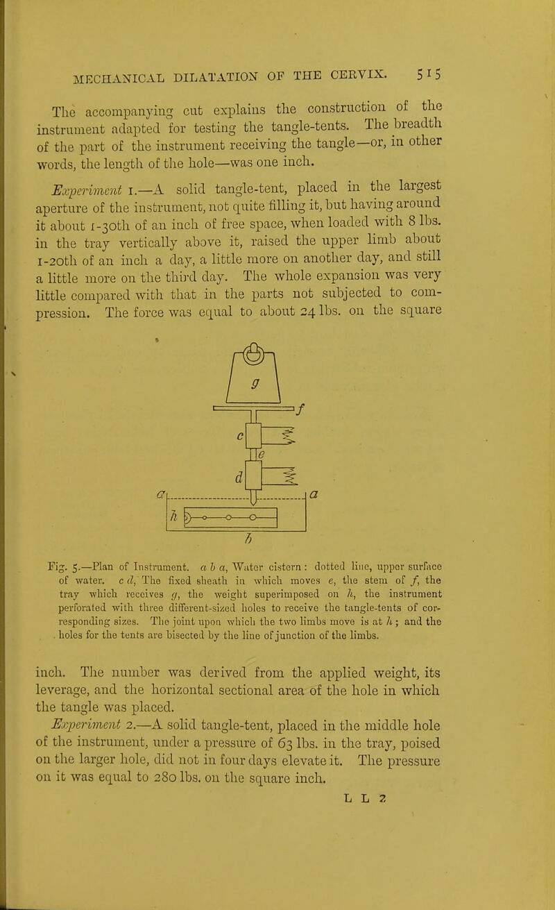 The accompanying cut explains tlie construction of the instrument adapted for testing the tangle-tents. The breadth of the part of the instrument receiving the tangle—or, in other words, the length of the hole—was one inch. Kvperwicnt i.—A solid tangle-tent, placed in the largest aperture of the instrument, not quite filling it, but having around it about I-30th of an inch of free space, when loaded with 8 lbs. in the tray vertically above it, raised the upper limb about I-20th of an inch a day, a little more on another day, and still a little more on the third day. The whole expansion was very little compared with that in the parts not subjected to com- pression. The force was equal to about 24 lbs. on the square (7 h ))—1>- IF a Fig. 5.—Plan of Instrument, a b a, Water cistern : dotted line, upper surriice of water, c d, The fixed sheath in which moves e, tlie stem of/, the tray which receives f/, the weight superimposed on h, the instrument perforated with three different-sized holes to receive the tangle-tents of cor- responding sizes. The joint upon which the two limbs move is at h ; and the . holes for the tents are bisected by the line of junction of the limbs. inch. The number was derived from the applied weight, its leverage, and the horizontal sectional area of the hole in which the tangle was placed. E.))p6riment 2.—solid tangle-tent, placed in the middle hole of the instrument, under a pressure of 63 lbs. in the tray, poised on the larger hole, did not in four days elevate it. The pressure on it was equal to 280 lbs. on the square inch. L L 2