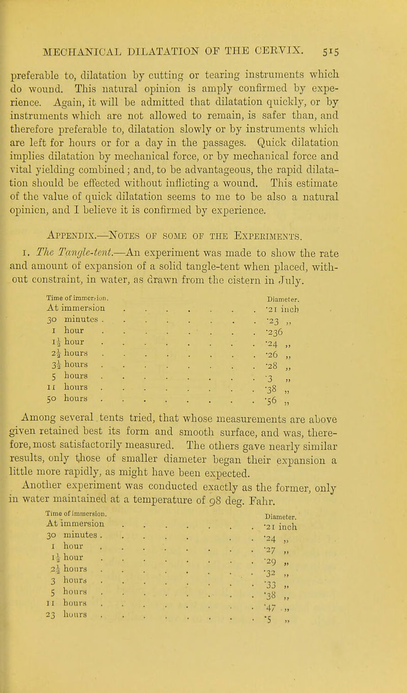 preferable to, dilatation by cutting or tearing instruments which do wound. This natural opinion is amply confirmed by expe- rience. Again, it will be admitted that dilatation quickly, or by instruments which are not allowed to remain, is safer than, and therefore preferable to, dilatation slowly or by instruments which are left for hours or for a day in the passages. Quick dilatation implies dilatation by mechanical force, or by mechanical force and vital yielding combined; and, to be advantageous, the rapid dilata- tion should be effected without inflicting a wound. This estimate of the value of quick dilatation seems to me to be also a natural opinion, and I believe it is confirmed by experience. Appendix.—ISTotes of some of the Expeeiments. I, The Tangle-tent.—^An experiment was made to show the rate and amount of expansion of a solid tangle-tent when placed, with- out constraint, in water, as drawn from the cistern in July. Time of immcrtion. Diameter. At immersioQ . . . , . . . '21 inch 30 minutes '23 ,, I hour -236 hour -24 „ 2^ hours -26 „ 3i hours -28 „ 5 hours -3 „ II hours '38 „ 50 hours ........ '56 Among several tents tried, that whose measurements are above given retained best its form and smootli surface, and was, there- fore, most satisfactorily measured. The others gave nearly similar results, only l^liose of smaller diameter began their expansion a little more rapidly, as might have been expected. Another experiment was conducted exactly as the former, only in water maintained at a temperature of 98 deg. Fahr, Timo of immersion. Diameter. At immeraion 30 minutes . I hour 12 hour 2.J hours 3 hours 5 hours II hours 23 hours incn •24 „ •27 „ ■29 ■32 „ 33 )> •38 ,, ■4 ■,)