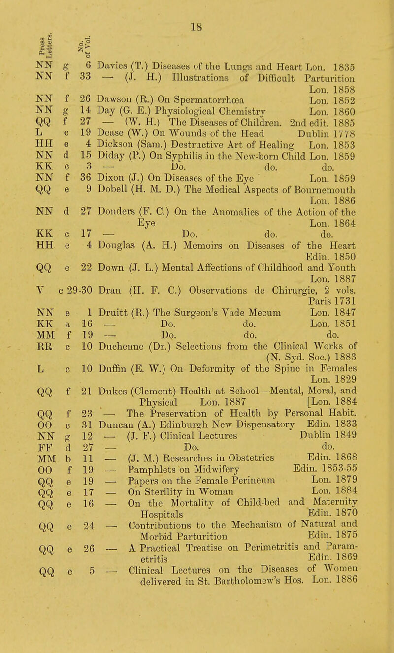 St- . o _ »J ■ ►J o NN g G Davios (T.) Diseases of the Lungs and Heart Lon. 1835 NN f 33 — (J. H.) Illustrations of Difficult Parturition Lon. 1858 NN f 26 Dawson (R.) On Spermatorrhoea Lon. 1852 NN g 14 Day (G. E.) Physiological Chemistry Lon. 18G0 QQ f 27 — (W. H.) The Diseases of Children. 2nd edit. 1885 L 0 19 Dease (W.) On Wounds of the Head Dublin 1778 HH e 4 Dickson (Sam.) Destructive Art of Healing Lon. 1853 NN d 15 Diday (P.) On Syphilis an the New-born Child Lon. 1859 KK c 3 — bo. do. do. NN f 36 Dixon (J.) On Diseases of the Eye Lon. 1859 QQ 6 9 Dobell (H. M. D.) The Medical Aspects of Bournemouth Lon. 1886 NN d 27 Donders (F. C.) On the Anomalies of the Action of the Eye Lon. 1864 KK c 17 — Do. do. do. HH e 4 Douglas (A. H.) Memoirs on Diseases of the Heart Edin. 1850 QQ e 22 Down (J. L.) Mental Affections of Childhood and Youth Lon. 1887 V c 29-30 Drau (H. F. C.) Observations de Chirurgie, 2 vols. Paris 1731 NN e 1 Druitt (R.) The Surgeon's Vade Mecura Lon. 1847 KK a 16 — Do. do. Lon. 1851 MM f 19 — Do. do. do. RR c 10 Duchenne (Dr.) Selections from the Clinical Works of (N. Syd. Soc.) 1883 L c 10 Duffin (E. W.) On Deformity of the Spine in Females Lon. 1829 QQ f 21 Dukes (Clement) Health at School—Mental, Moral, and Physical Lon. 1887 [Lon. 1884 QQ f 23 — The Preservation of Health by Personal Habit. 00 c 31 Duncan (A.) Edinburgh New Dispensatory Edin. 1833 NN g 12 — (J. F.) Clinical Lectures Dublin 1849 FF d 27 — Do. do. MM b 11 — (J. M.) Researches in Obstetrics Edin. 1868 00 f 19 — Pamphlets on Midwifery Edin. 1853-55 QQ e 19 —• Papers on the Female Perineum Lon. 1879 QQ e 17 — On Sterility in Woman Lon. 1884 QQ e 16 — On the Mortality of Child-bed and Maternity Hospitals Edin. 1870 QQ e 24 — Contributions to the Mechanism of Natural and Morbid Parturition Edin. 1875 00 e 26 ~ A Practical Treatise on Perimetritis and Param- etritis Edin. 1869 QQ e 5 — Clinical Lectures on the Diseases of Women delivered in St. Bartholomew's Hos. Lon. 1886