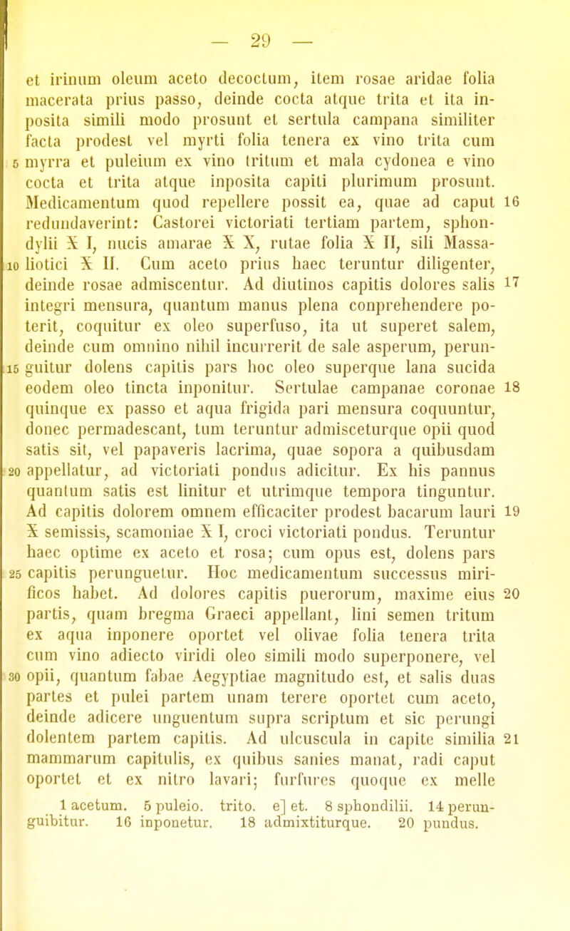 et irinum oleum aceto decoctum, item rosae aridae folia macerata prius passo, deinde cocta atquc trita et ita in- posita simili modo prosunt et sertula campana similiter facta prodest vel myrti folia tenera ex vino trita cum 5 myrra et puleium ex vino Iritum et mala cydonea e vino cocta et trita atque inposita capili plurimum prosunt. Medicamentum quod repellere possit ea; quae ad caput 16 redundaverint: Castorei victoriati tertiam partem, sphon- dylii X I, nucis aniarae X X; rutae folia X II; sili Massa- 10 liotici X II. Cum aceto prins haec teruntur diligenter; deinde rosae admiscentur. Ad diutinos capitis dolores salis 17 integri mensura, quantum manus plena conprehendere po- terit, coquitur ex oleo superfuso, ita ut superet salem, deinde cum omnino nihil incurrerit de sale asperum, perun- 15 guitur dolens capitis pars hoc oleo superque lana sucida eodem oleo tincta inponilur. Sertulae campanae coronae 18 quinque ex passo et aqua frigida pari mensura coquuntur, donec permadescant, tum teruntur admisceturque opii quod satis sit, vel papaveris lacrima, quae sopora a quihusdam 20 appellatur, ad victoriati pondns adicitur. Ex his pannus quanlum satis est linitur et utrimque tempora tinguntur. Ad capitis dolorem omnem efflcaciter prodest bacarum lauri 19 X semissis, scamoniae X I, croci victoriati pondus. Teruntur haec optime ex aceto et rosa; cum opus est, dolens pars 25 capitis perunguetur. Hoc medicamentum successus miri- ficos habet. Ad dolores capitis puerorum, maxime eius 20 partis, quam bregma Graeci appellant, Iini semen tritum ex aqua inponere oportet vel olivae folia tenera trita cum vino adiecto viridi oleo simili modo superponere, vel 30 opii, quantum fabae Aegyptiae magnitudo est, et salis duas partes et pulei partem unam terere oportet cum aceto, deinde adicere unguentum supra scriptum et sic perungi dolentem partem capitis. Ad ulcuscula in capite similia 21 mammarum capitulis, ex quibus sanies manat, radi caput oportet et ex nitro lavari; furfures quoque ex melle 1 acetum. 5 puleio. trito. e] et. 8 sphondilii. 14 perun- guibitur. 16 inponetur. 18 admixtiturque. 20 pundus.