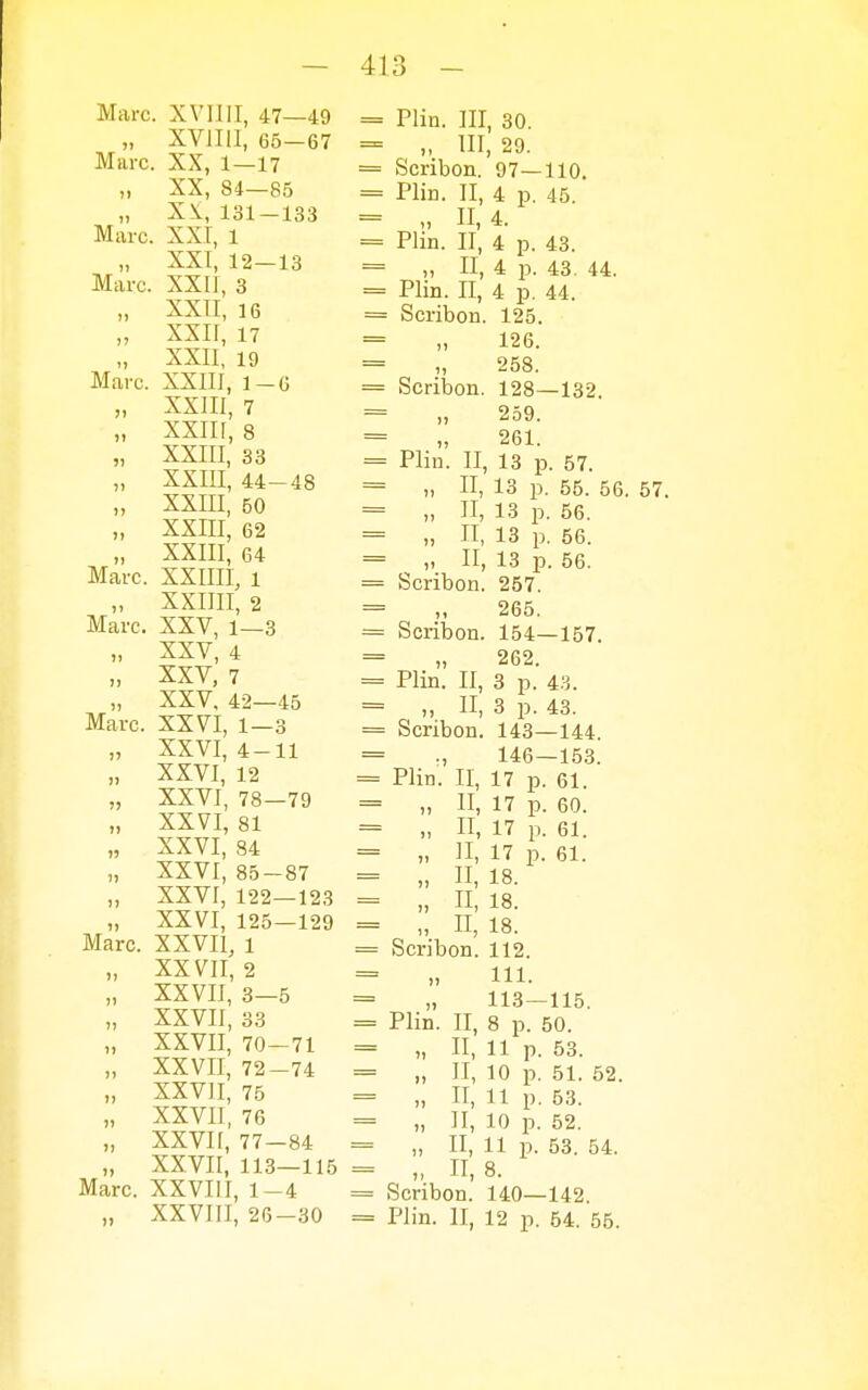 Marc. XVIIII, 47—49 „ XVJIll, 65-67 Marc. XX, 1 — 17 „ XX, 84—85 „ Xi, 131-133 Marc. XXI, 1 „ XXI, 12 — 13 Marc. XXII, 3 „ XXII, 16 „ XXII, 17 „ XXII, 19 Marc. XXIII, 1-6 „ XXIII, 7 „ XXIH, 8 „ XXIII, 33 „ XXIII, 44-48 „ XXIII, 50 „ XXIII, 62 „ XXIII, 64 Marc. XXIIII, l „ XXIIII, 2 Marc. XXV, 1—3 „ XXV, 4 „ XXV, 7 „ XXV, 42—45 Marc. XXVI, 1-3 „ XXVI, 4-11 „ XXVI, 12 „ XXVI, 78-79 „ XXVI, 81 „ XXVI, 84 „ XXVI, 85-87 „ XXVI, 122—123 „ XXVI, 125—129 Marc. XXVII, l „ XXVII, 2 „ XXVII, 3-5 „ XXVII, 33 „ XXVII, 70-71 „ XXVII, 72-74 „ XXVII, 75 „ XXVII, 76 „ XXVII, 77-84 „ XXVII, 113—115 Marc. XXVIII, 1-4 „ XXVIII, 26-30 = Plin. III, 30. = „ III, 29. = Scribon. 97—110. = Plin. II, 4 p. 45. = „ H,4. = Plin. II, 4 p. 43. = „ II, 4 p. 43. 44. = Plin. II, 4 p. 44. = Scribon. 125. = „ 126. = „ 258. = Scribon. 128—132. = „ 259. = „ 261. = Plin. II, 13 p. 57. = „ II, 13 p. 55. 56. 5 = „ II, 13 p. 56. = „ II, 13 p. 56. = „ II, 13 p. 56. = Scribon. 257. = „ 265. = Scribon. 154—157. = „ 262. = Plin. II, 3 p. 43. = „ II, 3 p. 43. = Scribon. 143—144. = ., 146—153. = Plin. II, 17 p. 61. = „ II, 17 p. 60. = „ II, 17 p. 61. = „ II, 17 p. 61. = „ II, 18. = „ II, 18. = „ II, 18. = Scribon. 112. = „ 111. = „ 113—115. = Plin. II, 8 p. 50. = „ II, 11 p. 53. = „ II, 10 p. 51. 52. = „ II, 11 p. 53. = „ II, 10 p. 52. = „ II, 11 p. 53. 54. = „ II, 8. = Scribon. 140—142. = Plin. II, 12 p. 64. 55.