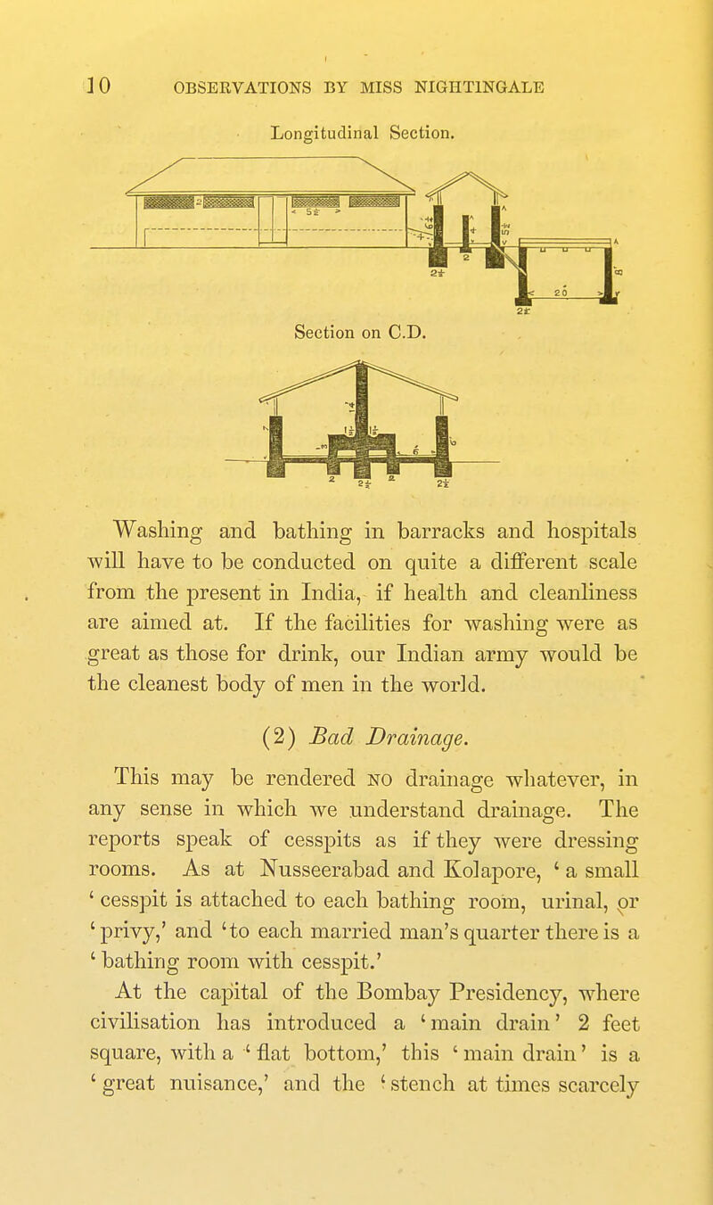 Longitudinal Section. Washing and bathing in barracks and hospitals will have to be conducted on quite a different scale from the jDresent in India, if health and cleanliness are aimed at. If the facilities for washing were as great as those for drink, our Indian army would be the cleanest body of men in the world. (2) Bad Drainage. This may be rendered no drainage wliatever, in any sense in which we understand drainage. The reports speak of cesspits as if they were dressing rooms. As at Nusseerabad and Kolapore, ' a small ' cesspit is attached to each bathing room, urinal, 'privy,' and 'to each married man's quarter there is a ' bathing room with cesspit.' At the capital of the Bombay Presidency, where civilisation has introduced a ' main drain' 2 feet square, with a ' flat bottom,' this ' main drain' is a ' great nuisance,' and the ' stench at times scarcely