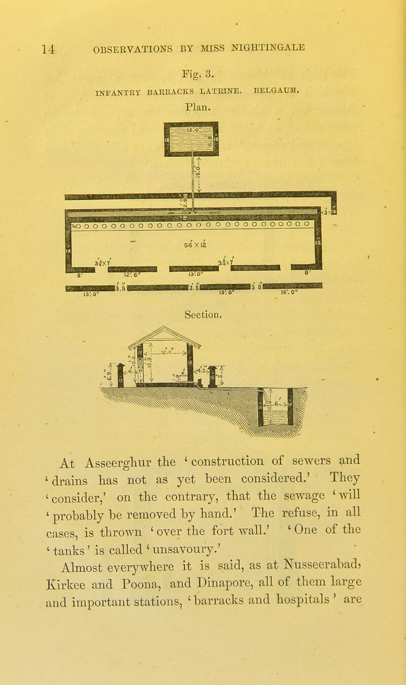 Fig. 3. INFANTRY BA.KRACKS LATKINE. BELGAUM. Plan. At Asseerghur the ' construction of sewers ^nd 'drains has not as yet been considered.' They 'consider,' on the contrary, that the sewage 'will ' probably be removed by hand.' The refuse, in all cases, is thrown ' over the fort wall.' ' One of the ' tanks' is called ' unsavoury.' Almost everywhere it is said, as at Nusseerabad? Kirkee and Poona, and Dinapore, all of them large and important stations, ' barracks and hospitals ' are