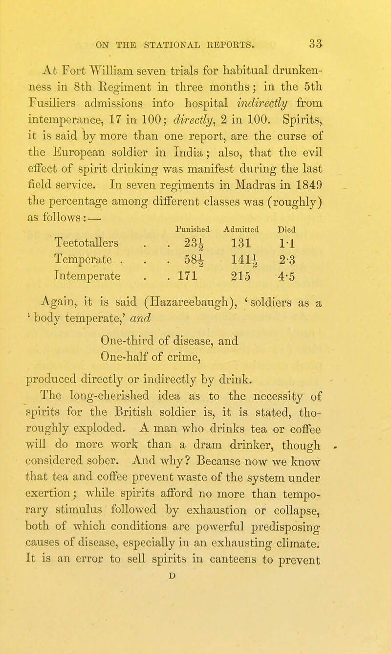 At Fort William seven trials for habitual drunken- ness in Sth Regiment in three months; in the 5th Fusiliers admissions into hospital indirectly from intemperance, 17 in 100; directly^ 2 in 100. Spirits, it is said by more than one report, are the curse of the European soldier in India; also, that the evil etFect of spirit drinking was manifest during the last field service. In seven regiments in Madras in 1849 the percentage among different classes was (roughly) as follows: — Punished Admitted Died Teetotallers . . ^ ^ ^ 131 1-1 Temperate . . . 581 1411 2-3 Intemperate , . 171 215 4-5 Again, it is said (liazareebaugh), 'soldiers as a ' body temperate,' and One-third of disease, and One-half of crime, produced directly or indirectly by drink. The long-cherished idea as to the necessity of spirits for the British soldier is, it is stated, tho- roughly exploded. A man who drinks tea or coffee will do more work than a dram drinker, though - considered sober. And why ? Because now we know that tea and coffee prevent waste of the system under exertion; while spirits afford no more than tempo- rary stimulus followed by exhaustion or collapse, both of which conditions are powerful predisposing causes of disease, especially in an exhausting climate. It is an error to sell spirits in canteens to prevent D