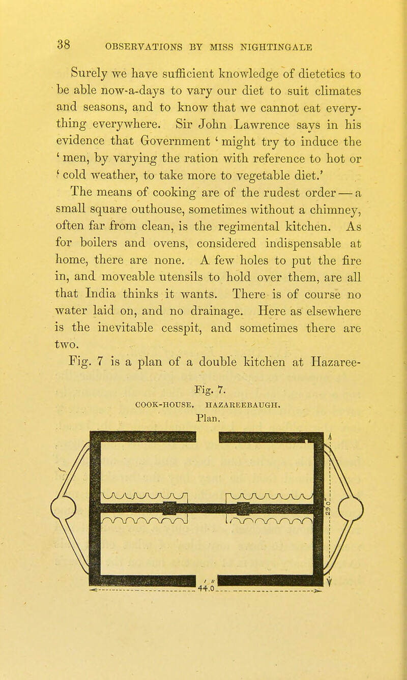 Surely we have suiScient knowledge of dietetics to ' be able now-a-days to vary our diet to suit climates and seasons, and to know that we cannot eat every- thing everywhere. Sir John Lawrence says in his evidence that Government ' might try to induce the ' men, by varying the ration with reference to hot or ' cold weather, to take more to vegetable diet.' The means of cooking are of the rudest order — a small square outhouse, sometimes without a chimney, often far from clean, is the regimental kitchen. As for boilers and ovens, considered indispensable at home, there are none. A few holes to put the fire in, and moveable utensils to hold over them, are all that India thinks it wants. There is of course no water laid on, and no drainage. Here as elsewhere is the inevitable cesspit, and sometimes there are two. Fig. 7 is a plan of a double kitchen at Hazaree- Fig. 7. COOK-HOUSE. HAZAREKBAUGH. Plan.