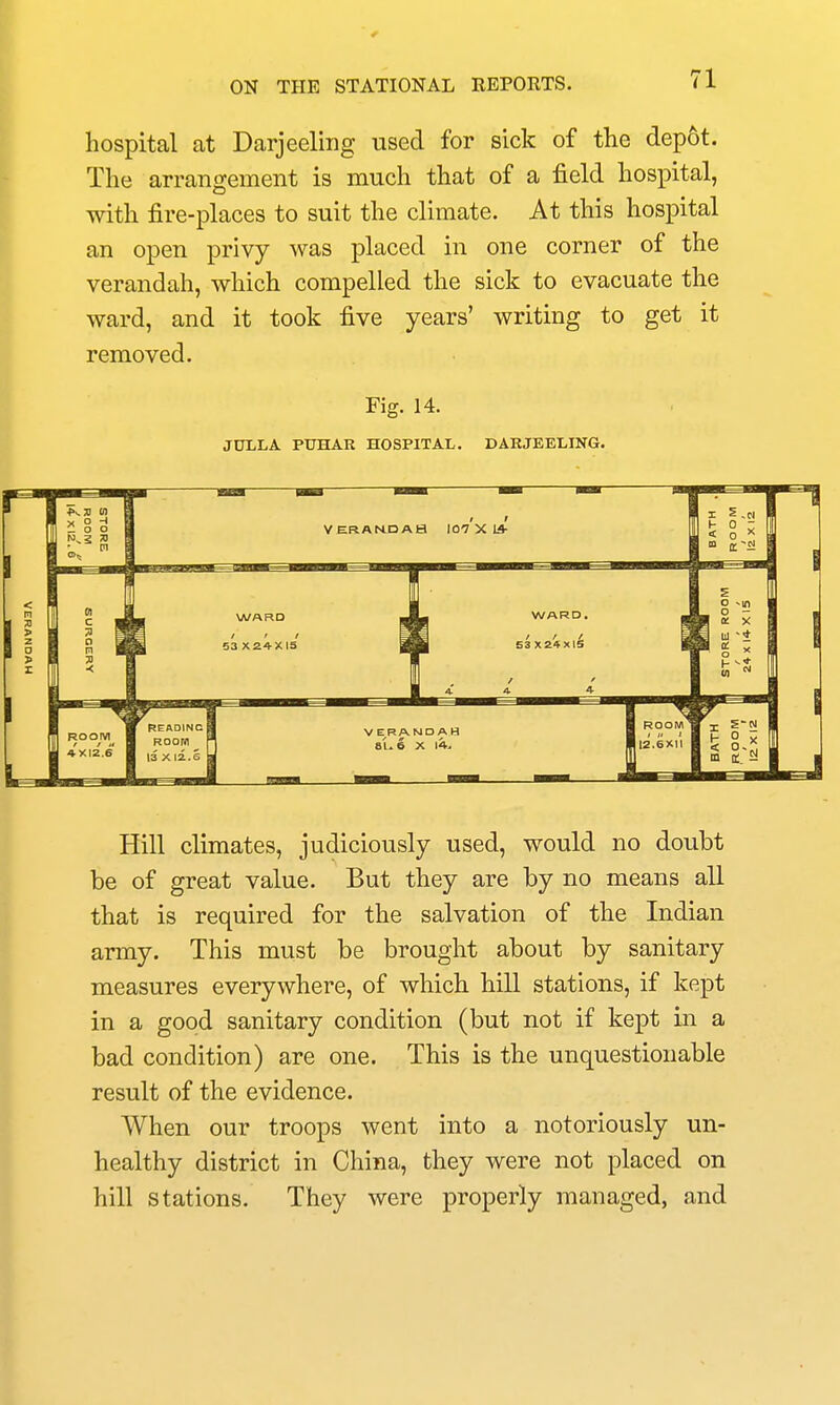 ' hospital at Darjeeling used for sick of the depot. r The arrangement is much that of a field hospital, with fire-places to suit the climate. At this hospital an open privy was placed in one corner of the verandah, which compelled the sick to evacuate the ward, and it took five years' writing to get it ^ removed. Fig. 14. JULLA PUHAR HOSPITAL. DAKJEELING. Hill climates, judiciously used, would no doubt be of great value. But they are by no means all that is required for the salvation of the Indian army. This must be brought about by sanitary measures everywhere, of which hill stations, if kept in a good sanitary condition (but not if kept in a bad condition) are one. This is the unquestionable result of the evidence. When our troops went into a notoriously un- healthy district in China, they were not placed on hill stations. They were properly managed, and