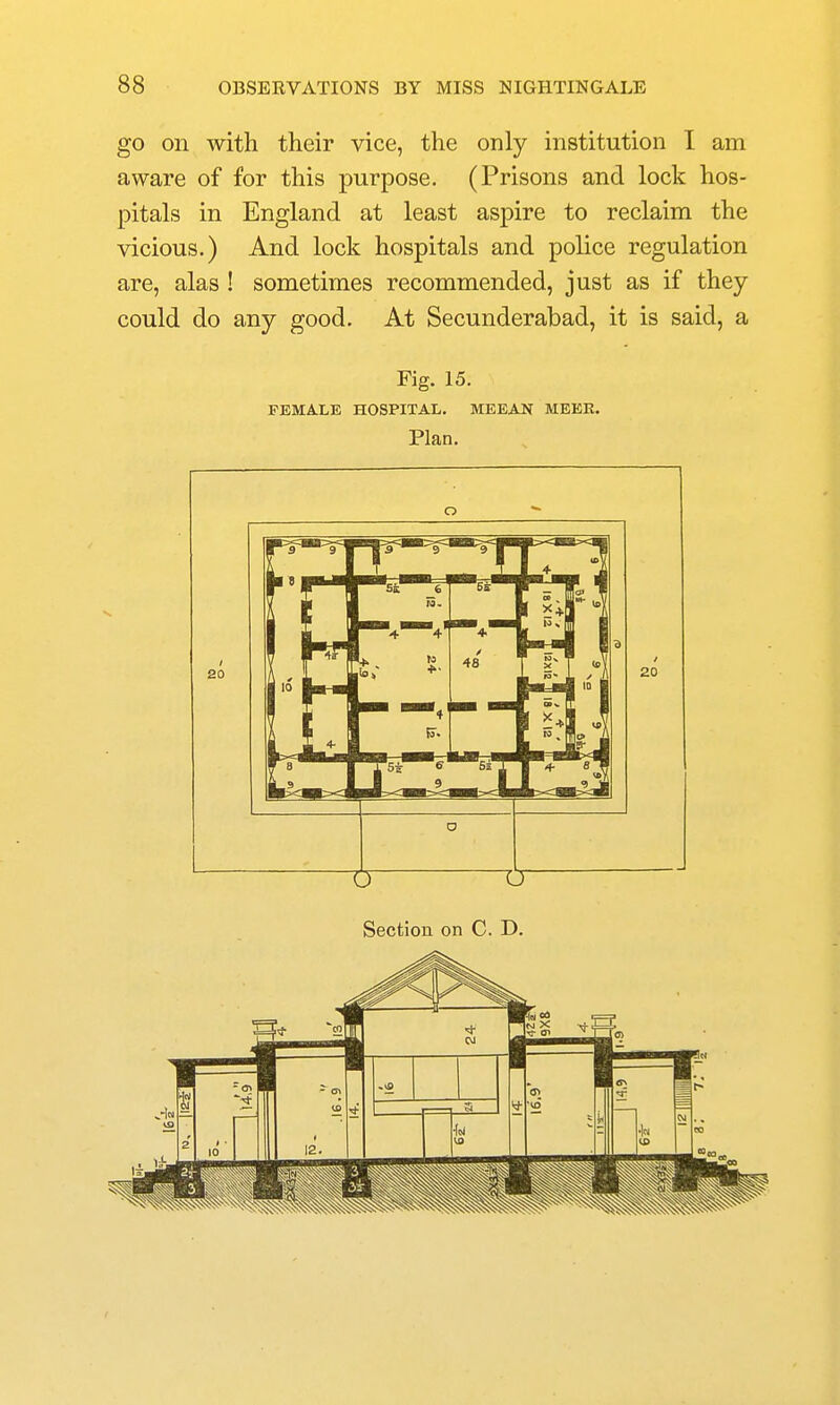 go on with their vice, the only institution I am aware of for this purpose, (Prisons and lock hos- pitals in England at least aspire to reclaim the vicious.) And lock hospitals and police regulation are, alas ! sometimes recommended, just as if they could do any good. At Secunderabad, it is said, a Fig. 15. PEMA.LE HOSPITAL. MEEAN MEEK. Plan.