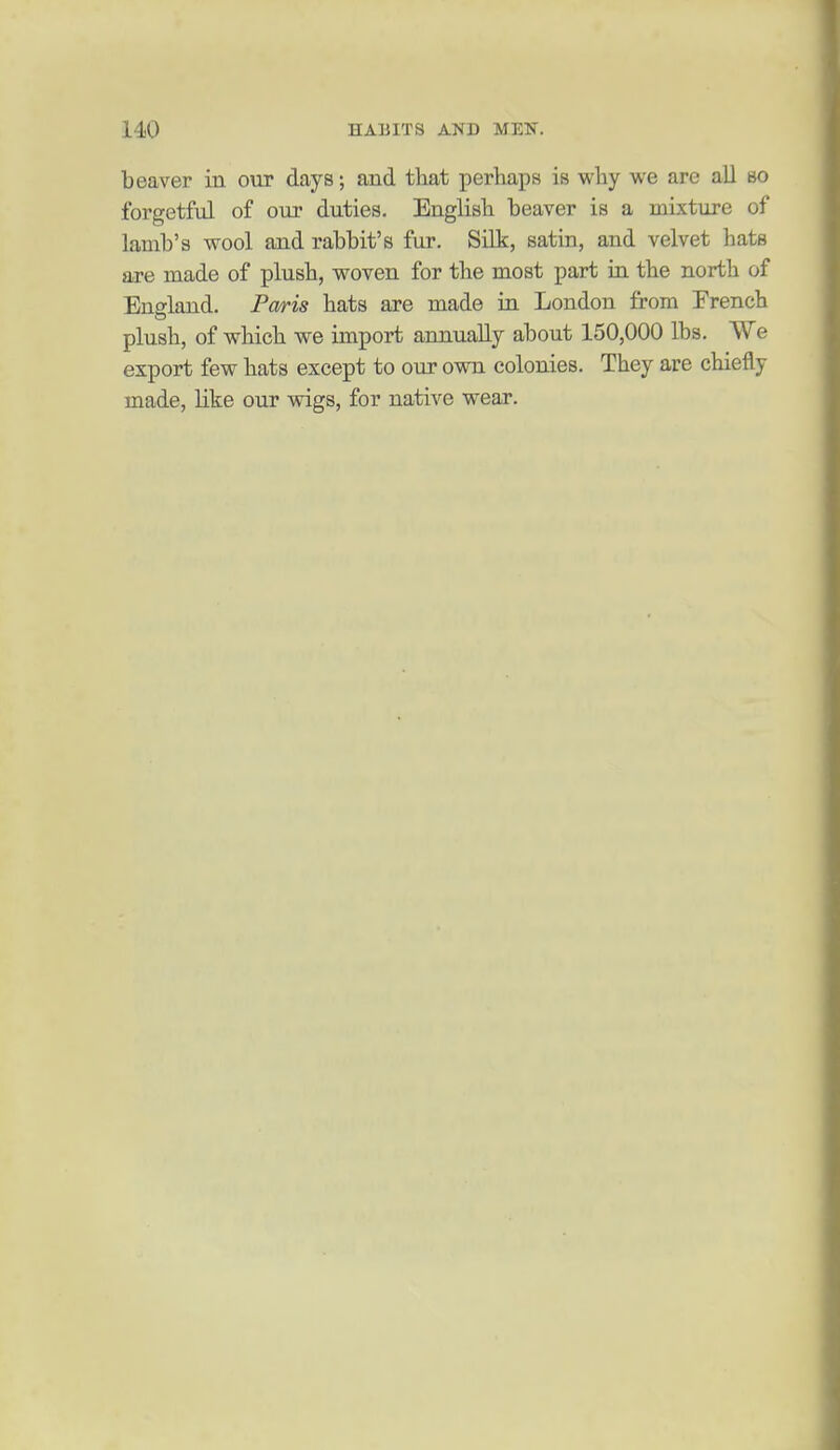 beaver in our days; and that perhaps is why we are all so forgetful of our duties. English beaver is a mixture of lamb's wool and rabbit's fur. Silk, satin, and velvet hats are made of plush, woven for the most part in the north of England. Pa/ris hats are made in London from French plush, of which we import annually about 150,000 lbs. We export few hats except to our own colonies. They are chiefly made, like our wigs, for native wear.