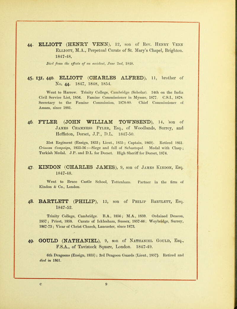 44- ELLIOTT (HENRY VENN), 12, son of Rev. Henry Venn Elliott, M.A., Perpetual Curate of St. Mary's Chapel, Brighton. 1847-48. Died from the effects of an accident, June 2nd, 1848. 45. 131, 440. ELLIOTT (CHARLES ALFRED), ll, brother of No. 44. 1847, 1848, 18.54. Went to Harrow. Trinity College, Cambridge (Scholar). 14th on the India Civil Service List, 1856. Famine Commissioner in Mysore, 1877. C.S.I., 1878. Secretary to the Famine Commission, 1878-80. Chief Commissioner of Assam, since 1881. 46. FYLER (JOHN WILLIAM TOWNSEND), 14, son of James Chamness Fyler, Esq., of Woodlands, Surrey, and Heffleton, Dorset, J.P., D.h. 1847-50. 31st Regiment (Ensign, 1853; Lieut., 1855; Captain, I860). Retired 1861. Crimean Campaign, 1855-56:—Siege and fall of Sebastopol. Medal with Clasp ; Turkish Medal. J.P. and D.L. for Dorset. High Sheriff for Dorset, 1874. 47. KINDON (CHARLES JAMES), 9, son of Jambs Kindon, Esq. 1847-48. Went to Bruce Castle School, Tottenham. Partner in the firm of Kindon & Co., London. 48. BARTLETT (PHILIP), 13, son of Philip Bartlett, Esq. 1847-52. Trinity College, Cambridge. B.A., 1856; M.A., 1859. Ordained Deacon, 1857; Priest, 1858. Curate of Icklesham, Sussex, 1857-66; Weybridge, Surrey, 1867-73 ; Vicar of Christ Church, Lancaster, since 1873. 49. GOULD (NATHANIEL), 9, son of Nathaniel Gould, Esq., F.S.A., of Tavistock Square, London. 1847-49. 6th Dragoons (Ensign, 1855); 3rd Dragoon Guards (Lieut., 1857). Retired and died in 1861.