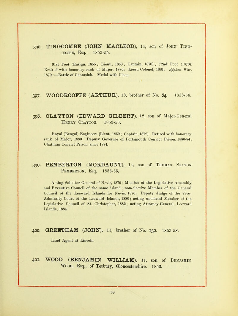 396. TINGCOMBE (JOHN MACLEOD), 14, son of John Ting- combe, Esq. 1853-55. 91st Foot (Ensign, 1855 ; Lieut., 1858; Captain, 1870); 72nd Foot (1870). Ketired with honorary rank of Major, 1880; Lieut.-Colonel, 1881. Afghan War, 1879 :—Battle of Charasiah. Medal with Clasp. 397. WOODROOFFE (ARTHUR), 13, brother of No. 64. 1853-56. 398. CLAYTON (EDWARD GILBERT), 12, son of Major-General Henry Clayton. 1853-56. Koyal (Bengal) Engineers (Lient., 1859 ; Captain, 1872). Retired with honorary rank of Major, 1880. Deputy Governor of Portsmouth Convict Prison, 1880-84; Chatham Convict Prison, since 1884. 399. PEMBERTON (MORDAUNT), 14, son of Thomas Seaton Pembbrton, Esq. 1853-55. Acting Solicitor-General of Nevis, 1870; Member of the Legislative Assembly and Executive Council of the same island; non-elective Member of the General Council of the Leeward Islands for Nevis, 1876; Deputy Judge of the Vice- Admiralty Court of the Leeward Islands, 1880; acting unofficial Member of the Legislative Council of St. Christopher, 1882; acting Attorney-General, Leeward Islands, 1884. 400. GREETHAM (JOHN), ll, brother of No. 152. 1853-58. Land Agent at Lincoln. 401. WOOD (BENJAMIN WILLIAM), ll, son of Benjamin Wood, Esq., of Tetbury, Gloucestershire. 1853.