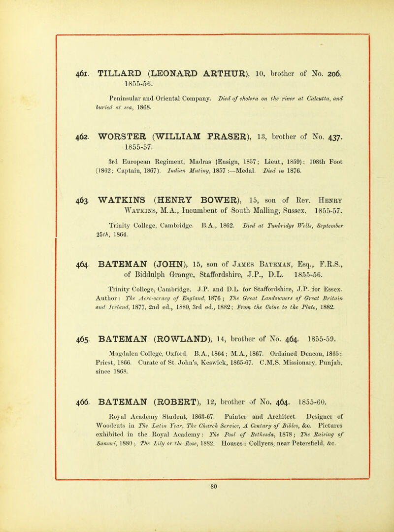 461. TILLARD (LEONARD ARTHUR), 10, brother of No. 206. 1855-56. Peninsular and Oriental Company. Bied of cholera on the river at Calcutta, and buried at sea, 1868. 462. WORSTER (WILLIAM FRASER), 13, brother of No. 437. 1855-57. 3rd European Regiment, Madras (Ensign, 18.57; Lieut., 1859); 108th Foot (1862; Captain, 1867). Indian Mutiny, 1857 :—Medal. Died in 1876. 463. WATKINS (HENRY BOWER), 15, son of Eev. Henry Watkins, M.A., Incumbent of South Mailing, Sussex. 1855-57. Trinity College, Cambridge. B.A., 1862. Died at Tunbridge Wells, September im, 1864. 464. BATEMAN (JOHN), 15, son of James Bateman, Esq., F.R.S., of Biddulph Grange, Staffordshire, J.P., D.L. 1855-56. Trinity College, Cambridge. J.P. and D.L. for Staffordshire, J.P. for Essex. Author ; The Acre-ocracy of England, 1876 ; The Great Landowners of Great Britain and Ireland, 1877, 2nd ed., 1880, 3rd ed., 1882; From the Colne to the Plate, 1882. 465. BATEMAN (ROWLAND), U, brother of No. 464. 1855-59. Magdalen College, Oxford. B.A., 1864; M.A., 1867- Ordained Deacon, 1865; Priest, 1866. Curate of St. John's, Keswick, 1865-67. C.M.S. Missionary, Punjab, since 1868. 466. BATEMAN (ROBERT), 12, brother of No. 464. 1855-60. Royal Academy Student, 1863-67. Painter and Architect. Designer of Woodcuts in The Latin Tear, The Church Service, A Century of Bibles, &c. Pictures exhibited in the Royal Academy: The Pool of Bethesda, 1878; The Raising of Samuel, 1880 ; The Lily or the Rose, 1882. Houses : Collyers, near Petersfield, &c.