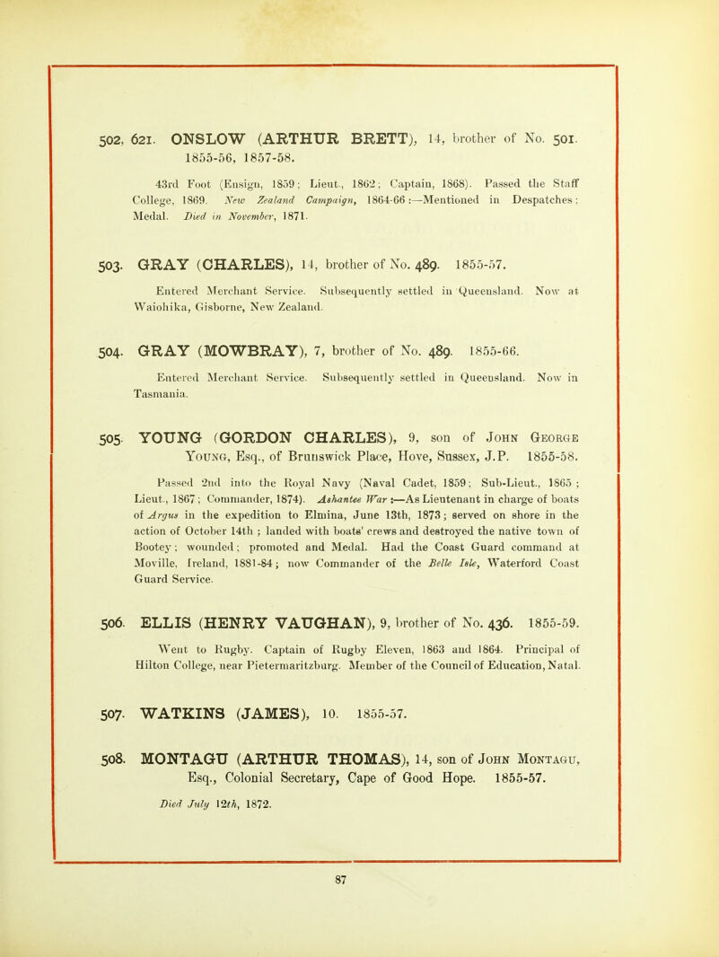 502. 621. ONSLOW (ARTHUR BRETT), U, brother of No. 501. 1855-56, 1857-58. 43ra Foot (Ensign, 1859; Lieut., 1862; Captain, 1868). Passed the Staff College, 1869. xVcw Zealand Campaign, 1864-66:—Mentioned in Despatches: Medal. Bied in November, 1871- 503. GRAY (CHARLES), 14, brother of No. 489. 1855-57. Entered Merchant Service. Subsequently settled in Queensland. Now at Waiohika, Gisborne, New Zealand. 504. GRAY (MOWBRAY), 7, brother of No. 489. 1855-66. Entered Merchant Service. Subsequently settled in Queensland. Now in Tasmania. 505. YOUNG (GORDON CHARLES), 9, son of John George Young, Esq., of Brunswick Place, Hove, Sussex, J.P. 1855-58. Passed 2nd into the Royal Navy (Naval Cadet, 1859; Sub-Lieut, 1865; Lieut., 1867; Commander, 1874). AshanUe War t—As Lieutenant in charge of boats of Argus in the expedition to Elmina, June 13th, 1873; served on shore in the action of October 14th ; landed with boats' crews and destroyed the native town of Bootey; wounded; promoted and Medal. Had the Coast Guard command at Moville, Ireland, 1881-84; now Commander of the Belle Isle, Waterford Coast Guard Service. 506. ELLIS (HENRY VAUGHAN), 9, brother of No. 436. 1855-59. Went to Kugby. Captain of Rugby Eleven, 1863 and 1864. Principal of Hilton College, near Pietermaritzburg. Member of the Council of Education, Natal. 507- WATKINS (JAMES), 10. 1855-57. 508. MONTAGU (ARTHUR THOMAS), 14, son of John Montagu, Esq., Colonial Secretary, Cape of Good Hope. 1855-57. Died July \2th, 1872.