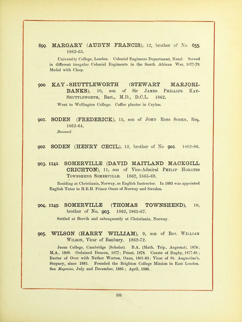 899- MARGARY (AUBYN FRANCIS), 12, brother of No. 655. 1862-65. University College, London. Colonial Engineers Depai-tment, Natal. Served in different irregular Colonial Regiments in the South African War, 1877-79. Medal with Clasp. 900. KAY - SHUTTLEWORTH fSTEWART MARJORI- BANKS), 10, son of Sir James Phillips Kay- Shuttleworth, Bart., M.D., D.C.L. 1862. Went to Wellington College. Coffee planter in Ceylon. 901. SODEN (FREDERICK), 15, son of John Ross Soden, Esq. 1862-64. Deceased. 902. SODEN (HENRY CECIL), 13, brother of No 901. 1862-66. 903. 1141. SOMERVILLE (DAVID MAITLAND MACKGILL ORICHTON), 11, son of Vice-Admiral Philip Horatio Townshend Somerville. 1862, 1865-69. Residing at Christiania, Norway, as English Instructor. In 1883 was appointed English Tutor to H.R.H. Prince Oscar of Norway and Sweden. 904, 1149. SOMERVILLE (THOMAS TOWNSHEND), 10, brother of No. 903. 1862, 1865-67. Settled at Brevik and subsequently at Christiania, Norway. 905. WILSON (HARRY WILLIAM), 9, son of Rev. William Wilson, Vicar of Banbury. 1862-72. Jesus College, Cambridge (Scholar). B.A. (Math. Trip., Aegrotat), 1876; M.A., 1880. Ordained Deacon, 1877; Priest, 1878. Curate of Rugby, 1877-81 ; Rector of Over with Nether Worton, Oxon, 1881-83; Vicar of St. Augustine's, Stepney, since 1883. Founded the Brighton College Mission in East Loudon. See Magazine, July and December, 1885; April, 1886.