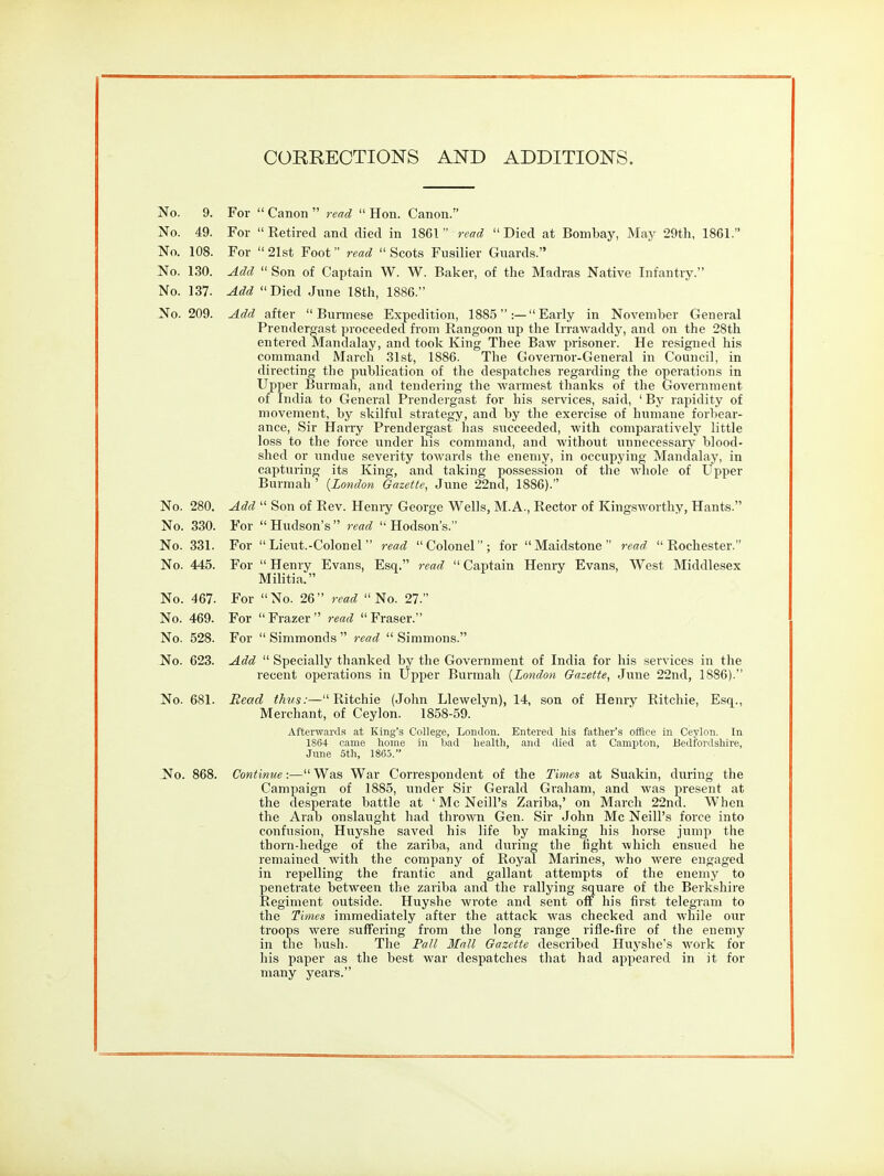 CORRECTIONS AND ADDITIONS. No. 9. For  Canon  read  Hon. Canon. No. 49. For Retired and died in 1861 read Died at Bombay, May 29th, 1861. No. 108. For  21st Foot read  Scots Fusilier Guards. No. 130. Add  Son of Captain W. W. Baker, of the Madras Native Infantry. No. 137. Add Died June 18th, 1886. No. 209. Add after Burmese Expedition, 1885:— Early in November General Prendergast proceeded from Rangoon up the Trrawaddy, and on the 28th entered Mandalay, and took King Thee Baw prisoner. He resigned his command March 31st, 1886. Tlie Govenior-General in Council, in directing the publication of the despatches regarding the operations in Upper Burmah, and tendering the warmest thanks of the Government of India to General Prendergast for his services, said, 'By rapidity of movement, by skilful strategy, and by the exercise of humane forbear- ance. Sir Harry Prendergast has succeeded, with comparatively little loss to the force under his command, and without unnecessary blood- shed or undue severity towards the enemy, in occupying Mandalay, in capturing its King, and taking possession of the whole of Upper Burmah ' {London Gazette, June 22nd, 1886). No. 280. Add  Son of Rev. Heni-y George Wells, M.A., Rector of Kingswortliy, Hants. No. 330. For  Hudson's  read  Hodson's. No. 331. For Lieut.-Colonel read Colonel; for Maidstone read Rochester. No. 445. For  Henry Evans, Esq. read  Captain Henry Evans, West Middlesex Militia. No. 467. For No. 26 read No. 27. No. 469. For Frazer read Eraser. No. 528. For  Simmonds  read  Simmons. No. 623. Add  Specially thanked by the Government of India for his services in the recent operations in Upper Burmah {London Gazette, June 22nd, 1886). No. 681. Read thvs:—Ritchie (John Llewelyn), 14, son of Henry Ritchie, Esq., Merchant, of Ceylon. 1858-59. Afterwai'd.s at King's College, London. Entered his father's office in Ceylon. In 1864 came home in bad health, and died at Campton, Bedfordshire, June 5th, 1865. JNo. 868. Continue:—Was War Correspondent of the Times at Suakin, during the Campaign of 1885, iinder Sir Gerald Graham, and was present at the desperate battle at ' Mc Neill's Zariba,' on March 22nd. When the Arab onslaught had throwi Gen. Sir John Mc Neill's force into confusion, Huyshe saved his life by making his horse jump the thorn-hedge of the zariba, and during the fight which ensued he remained with the company of Royal Marines, who were engaged in repelling the frantic and gallant attempts of the enemy to penetrate between the zariba and the rallying square of the Berkshire Regiment outside. Huyshe wrote and sent off his first telegram to the Times immediately after the attack was checked and while our troops were suffering from the long range rifle-fire of the enemy in the bush. The Pall 3Iall Gazette described Huyshe's work for his paper as the best war despatches that had appeared in it for many years.