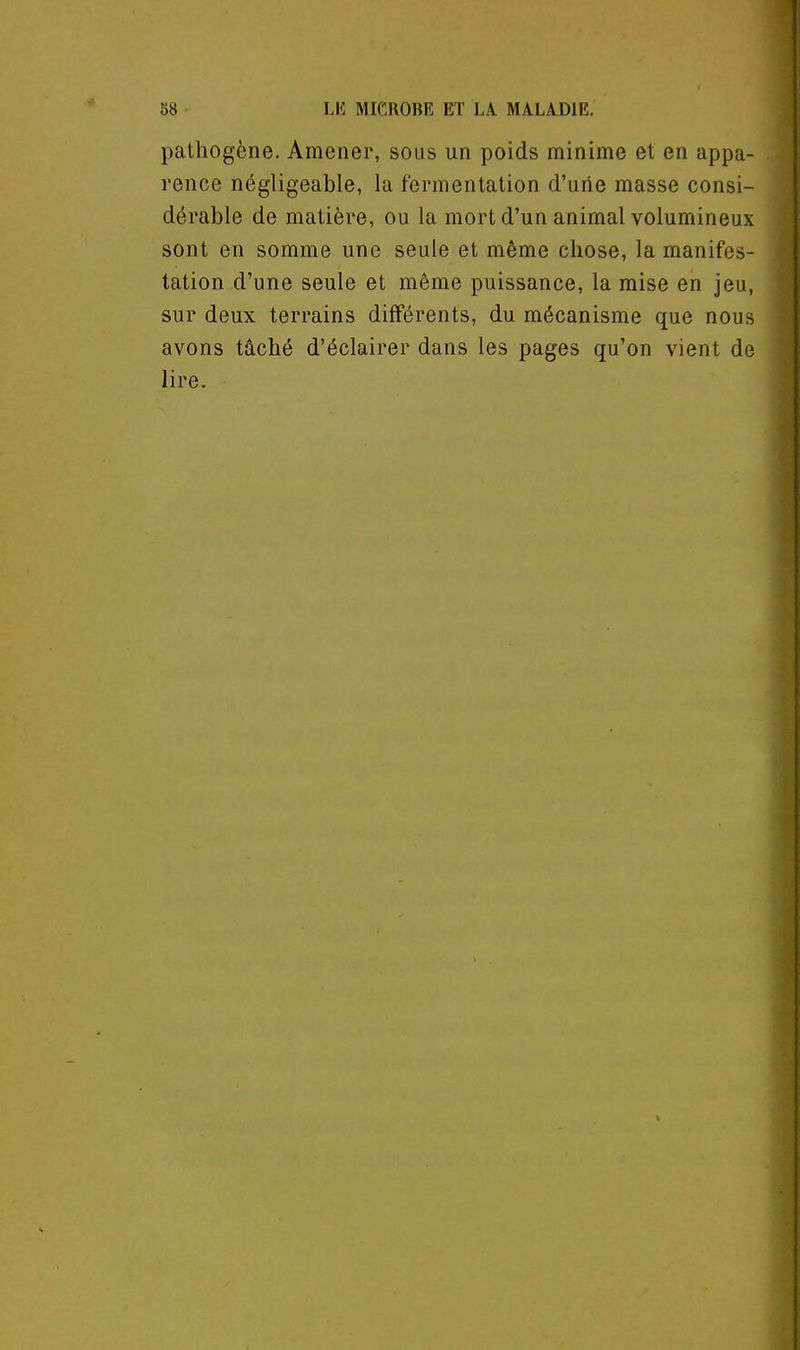 pathogène. Amener, sous un poids minime et en appa- rence négligeable, la fermentation d'une masse consi- dérable de matière, ou la mort d'un animal volumineux sont en somme une seule et même chose, la manifes- tation d'une seule et même puissance, la mise en jeu, sur deux terrains différents, du mécanisme que nous avons tâché d'éclairer dans les pages qu'on vient de lire.