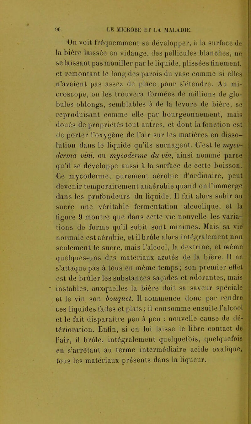 On voit fréquemment se développer, à la surface dt» la bière laissée on vidange, des pellicules blanches, ne se laissant pas mouiller par le liquide, plissées finement, et remontant le long des parois du vase comme si elles n'avaient pas assez de place pour s'étendre. Au mi- croscope, on les trouvera formées de millions de glo- bules oblongs, semblables à de la levure de bière, se reproduisant comme elle par bourgeonnement, mais doués de propriétés tout autres, et dont la fonction est de porter l'oxygène de l'air sur les matières en disso- lution dans le liquide qu'ils surnagent. C'est le myco- derma vini^ ou mycoderme du vin, ainsi nommé parce qu'il se développe aussi à la surface de cette boisson. Ce mycoderme, purement aérobie d'ordinaire, peut devenir temporairement anaérobie quand on l'immerge dans les profondeurs du liquide. Il fait alors subir au sucre une véritable fermentation alcoolique, et la figure 9 montre que dans cette vie nouvelle les varia- tions de forme qu'il subit sont minimes. Mais sa vie normale est aérobie, et il brûle alors intégralement non seulement le sucre, mais l'alcool, la dextrine, et même \ quelques-uns des matériaux azotés de la bière. Il ne s'attaque pas à tous en même temps; son premier effet est de brûler les substances sapides et odorantes, mais • instables, auxquelles la bière doit sa saveur spéciale et le vin son bouquet. Il commence donc par rendre ces liquides fades et plats ; il consomme ensuite l'alcool et le fait disparaître peu à peu : nouvelle cause de dé- térioration. Enfin, si on lui laisse le libre contact de l'air, il brûle, intégralement quelquefois, quelquefois en s'arrètant au terme intermédiaire acide oxaHque, tous les matériaux présents dans la liqueur.