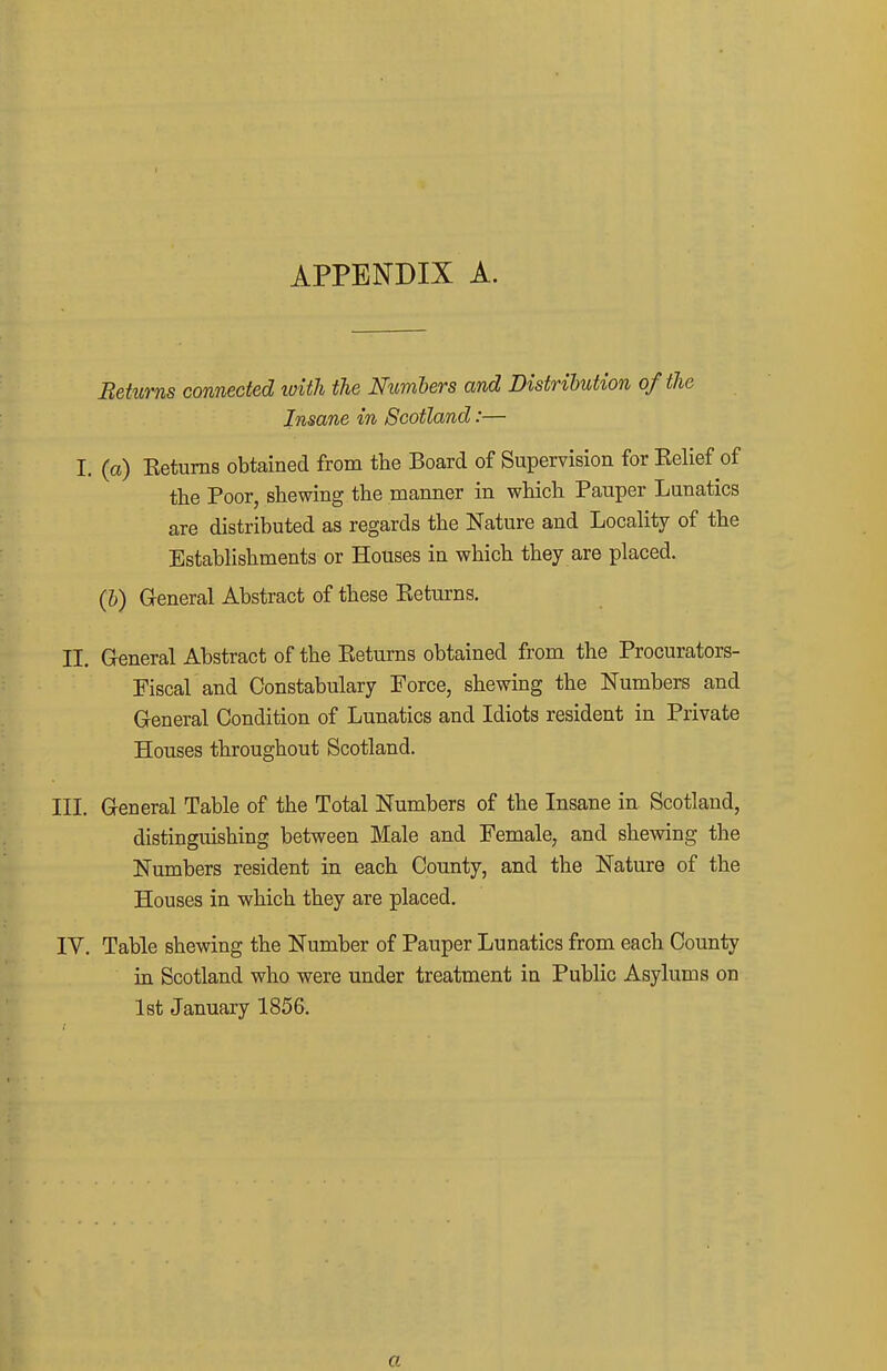 APPENDIX A. Returns connected toitli the Numbers and Distribution of the Insane in Scotland:— I. (a) Eetums obtained from the Board of Supervision for Belief of the Poor, shewing the manner in which Pauper Lunatics are distributed as regards the Nature and Locality of the Establishments or Houses in which they are placed. (b) General Abstract of these Keturns. 11. General Abstract of the Eeturns obtained from the Procurators- Fiscal and Constabulary Force, shewing the Numbers and General Condition of Lunatics and Idiots resident in Private Houses throughout Scotland. III. General Table of the Total Numbers of the Insane in Scotland, distinguishing between Male and Female, and shewing the Numbers resident in each County, and the Nature of the Houses in which they are placed. IV. Table shewing the Number of Pauper Lunatics from each County in Scotland who were under treatment in Public Asylums on 1st January 1856. a