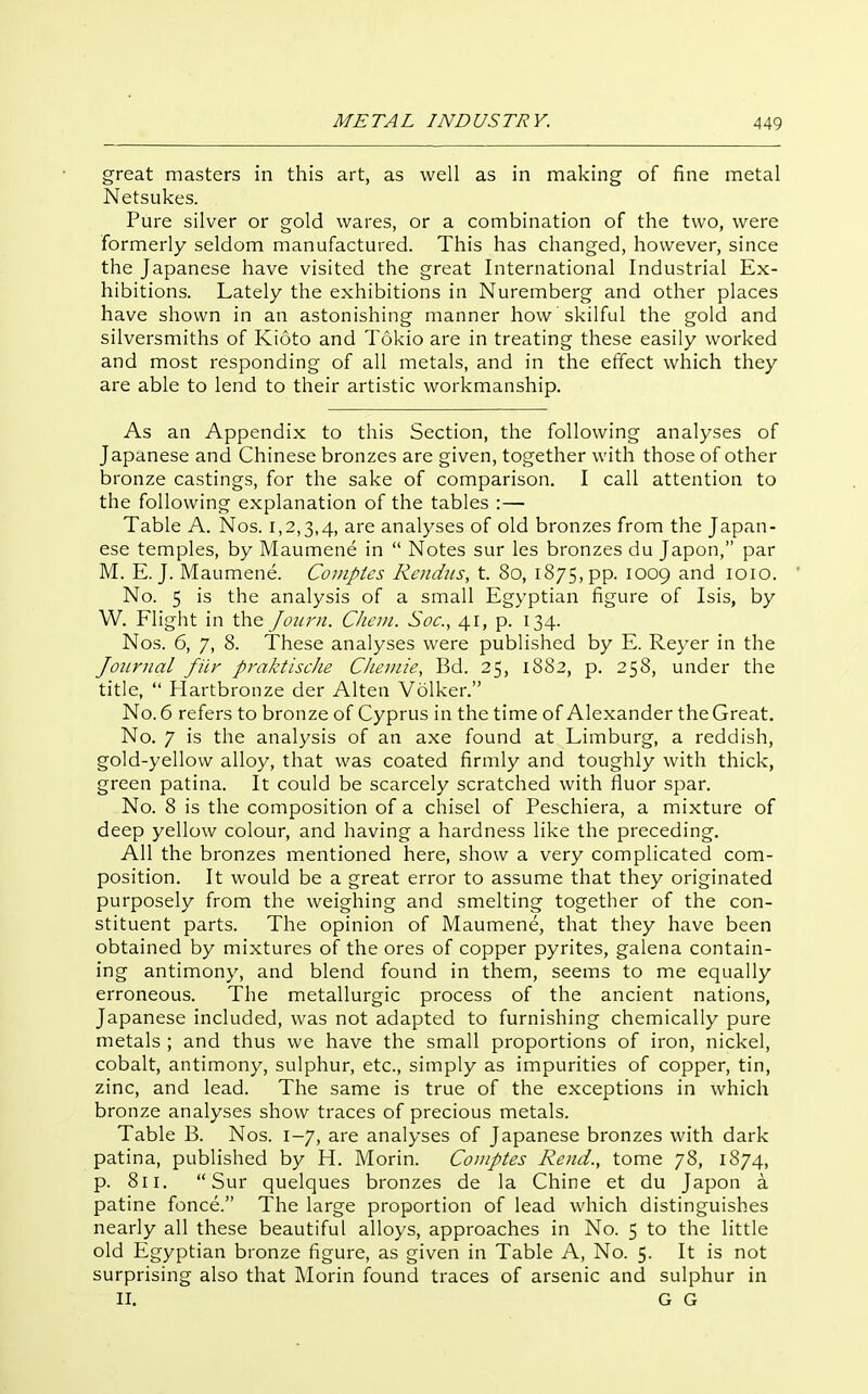 great masters in this art, as well as in making of fine metal Netsukes. Pure silver or gold wares, or a combination of the two, were formerly seldom manufactured. This has changed, however, since the Japanese have visited the great International Industrial Ex- hibitions. Lately the exhibitions in Nuremberg and other places have shown in an astonishing manner how skilful the gold and silversmiths of Kioto and Tokio are in treating these easily worked and most responding of all metals, and in the effect which they are able to lend to their artistic workmanship. As an Appendix to this Section, the following analyses of Japanese and Chinese bronzes are given, together with those of other bronze castings, for the sake of comparison. I call attention to the following explanation of the tables :— Table A. Nos. 1,2,3,4, ^re analyses of old bronzes from the Japan- ese temples, by Maumene in  Notes sur les bronzes du Japon, par M. E.J. Maumene. Cojiiptes Rendiis, t. 80, 1875, pp. 1009 and loio. No. 5 is the analysis of a small Egyptian figure of Isis, by W. Flight in the Joiirn. Cheni. Soc, 41, p. 134. Nos. 6, 7, 8. These analyses were published by E. Reyer in the Journal filr praktische Chemie, Bd. 25, 1882, p. 258, under the title,  Hartbronze der Alten Volker. No. 6 refers to bronze of Cyprus in the time of Alexander the Great. No. 7 is the analysis of an axe found at Limburg, a reddish, gold-yellow alloy, that was coated firmly and toughly with thick, green patina. It could be scarcely scratched with fluor spar. No. 8 is the composition of a chisel of Peschiera, a mixture of deep yellow colour, and having a hardness like the preceding. All the bronzes mentioned here, show a very complicated com- position. It would be a great error to assume that they originated purposely from the weighing and smelting together of the con- stituent parts. The opinion of Maumene, that they have been obtained by mixtures of the ores of copper pyrites, galena contain- ing antimony, and blend found in them, seems to me equally erroneous. The metallurgic process of the ancient nations, Japanese included, was not adapted to furnishing chemically pure metals ; and thus we have the small proportions of iron, nickel, cobalt, antimony, sulphur, etc., simply as impurities of copper, tin, zinc, and lead. The same is true of the exceptions in which bronze analyses show traces of precious metals. Table B. Nos. 1-7, are analyses of Japanese bronzes with dark patina, published by H. Morin. Comptes Rend., tome 78, 1874, p. 811. Sur quelques bronzes de la Chine et du Japon a patine fence. The large proportion of lead which distinguishes nearly all these beautiful alloys, approaches in No. 5 to the little old Egyptian bronze figure, as given in Table A, No. 5. It is not surprising also that Morin found traces of arsenic and sulphur in II. G G