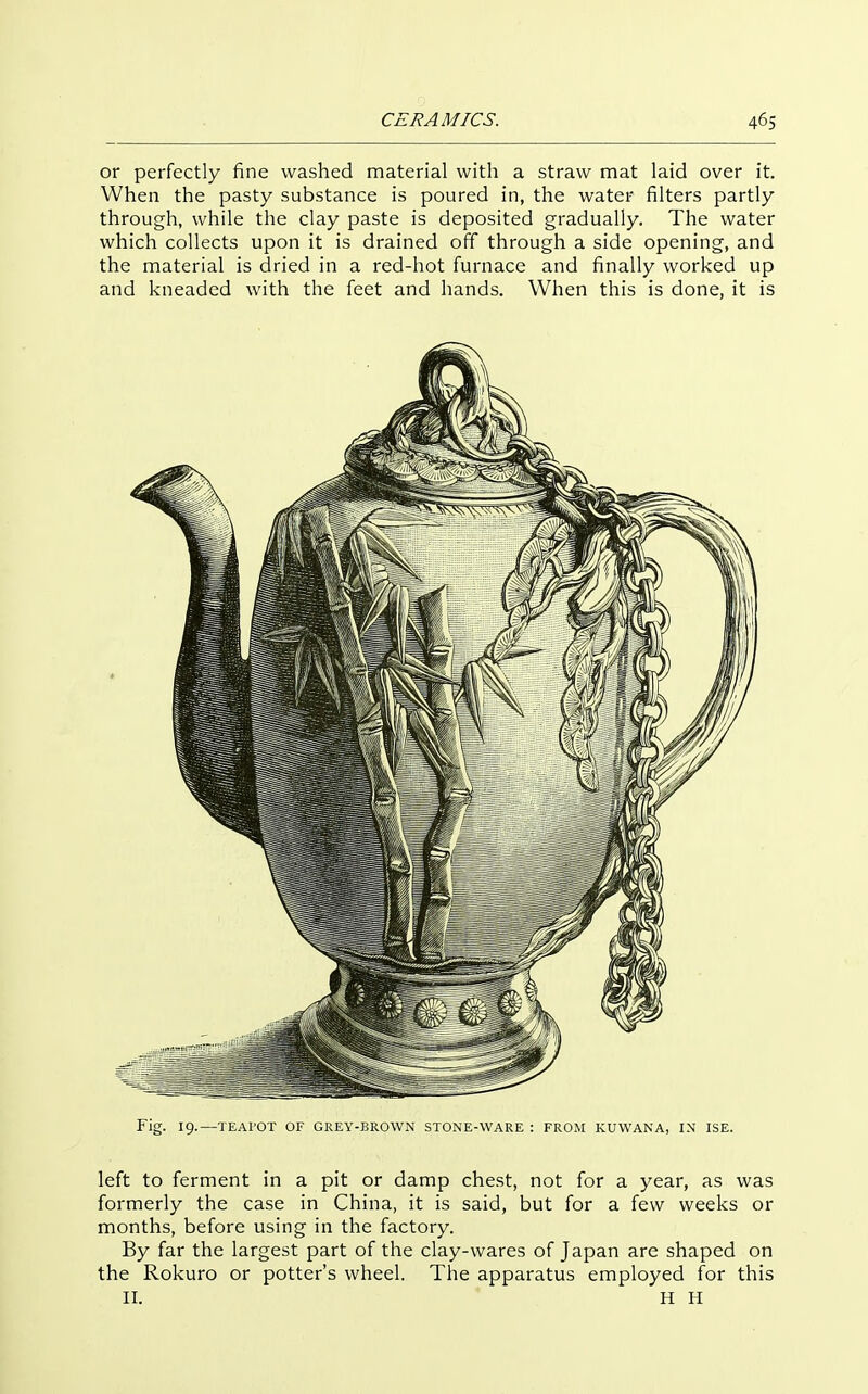 or perfectly fine washed material with a straw mat laid over it. When the pasty substance is poured in, the water filters partly through, while the clay paste is deposited gradually. The water which collects upon it is drained off through a side opening, and the material is dried in a red-hot furnace and finally worked up and kneaded with the feet and hands. When this is done, it is Fig. 19.—TEAl'OT OF GREY-BROWN STONE-WARE : FROM KUWANA, IN ISE. left to ferment in a pit or damp chest, not for a year, as was formerly the case in China, it is said, but for a few weeks or months, before using in the factory. By far the largest part of the clay-wares of Japan are shaped on the Rokuro or potter's wheel. The apparatus employed for this II. H H