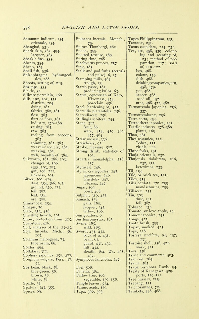 Sesamum indicum, 154. orientale, 154. Shanghai, 531. Shark skin, 363, 494. lacquer, 363. Shark's fins, 535. Shears, 354. Sheep, 184. Shell fish, 536. Shizophragma hydrangeoi- des, 288. Shoots, setting of, 215. Shrimps, 535. Sickle, 32. Silicate porcelain, 460. Silk, 192, 203, 533. districts, 204. dying, 182. fabrics, 380, 385. floss, 383. flurt or floss, 383. industry, 379-389- raising, 185. raw, 383. reeling from cocoons, 383. spmnmg, 382, 383. weavers' society, 382. weaving, 382. web, breadth of, 384. Silkworm, 185, 186, 193. changes of, 196. eggs, 193. 203. gut, 196, 211. sickness, 201. Silver, 300, 424. dust, 354, 366, 367. ground, 370, 371. foil, 387. leaf, 354. ore, 300. Simarubese, 254. Sinapis, 70. Slate, 313, 418. Smelting hearth, 295. Snow, protection from, 215. Soapstone, 426. Soil, analyses of the, 23-25. Soja hispida, Mich., 56, 105. Solanum melongena, 73. tuberosum, 66. Solder, 494. Solfatara, 312. Sophora japonica, 250, 277. Sorghum vulgare, Pers., 37, 51- Soy bean, black, 58. blue-green, 58. brown, 58. white, 58. Spade, 32. Spatula, 343, 355. Spices, 69. Spinacea inermis, Moench., 75- Spirrea Thunbergi, 262. Spoon, 355. Spotted texture, 369. Spring time, 268. Stachyurus prrecox, 257. Stag, 185. Stalk and pod fruits (cereals and pulse), 6, 37. Stamping mills, 464. trough, 33. Starch paste, 183. producing bulbs, 63. Statue, equestrian of Kato, Kiyomasa, 474. porcelain, 456. Steel, hardening of, 432. Sterculia platanifolia, 256. Sterculiacere, 256. Stillingia sebifera, 244. Stone, 312. fruit, 86. ware, 454, 459, 469, 477. 484- Straw mosaic, 336. Strawberry, 92. Stroke, measure, 507. Strong drink, statistics of, 103. Stuartia monadelpha, 218, 257- Styracece, 246. Styrax cratsegoides, 247. japonicum, 246. lancifolia, 247. Obassia, 247. Sugar, 109. bowl, 468. Sulphur, 310, 437. Sumach, 158. galls, 180. lacquer, 342. tallow, 160. Sun goddess, 6. Sus leucomystax, 185. Swine, 185. wild, 185. Sword, 431, 432. back of a, 431. bean, 61. guard, 431, 432. hilt, 432. sheath, 364, 374, 431, 432. Symplocos lancifolia, 247. Tael, 508. Taffetas, 384. Tallow tree, 160. vegetable, 150, 158. Tangle leaves, 534. Tannic acids, 179. Tapa, 390, 393. Tapes Philippinarum, 535. Taxaceae, 231. Taxus cuspidata, 214, 231. Tea, 110, 458, 539; colour- ing and scenting of, 123 ; method of pre- paration, 117 ; sorts of, 119-122. box, 468. colour, 179. dish, 468. drinking companies, 119, 458, 479- pot, 468. saucer, 468. -seed oil, 152. urns, 468, 472, 480. Ternstroemia japonica, 256, 337-. Ternstrcemiacefe, 256. Terra cotta, 454. Tetranthera japonica, 245. Textile industry, 378-389. plants, 165. Thao, 461. Thea assamica, 111. Bohea, iii. viridis, in. Three forks, 395. Thuja orientalis, 232. Thujopsis dolabrata, 216, 232, 355- loetevirens, 233. Til, 154. Tile, or brick tea, 125. Tiles, 454. Tilia cordata, 170, 255. mandschurica, 255. Tiliacea;, 255. Tin, 303. dust, 345. foil, 387. Tobacco, 131. Tomato, or love apple, 74. Tomex japonica, 245. Tongs, 427. Tooth brush, 355. Topaz, smoked, 425. Tops, 338. Torreya nucifera, 94, 157, 231. Tortoise shell, 356, 421. work, 421. Toys, 338. Trade and commerce, 503. Train oil, 164. Trame, 383. Trapa bispinosa, Roxb., 94. Treaty of Kanagawa, 529. ports, 529-532. Tree nursery, 215. Trepang, 535. Trichosanthes, 72. Trinkets, 448, 468.