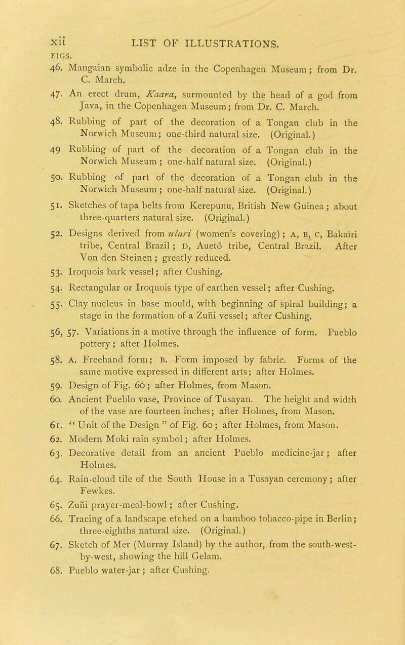 FIGS. 46. Mangaian symbolic adze in the Copenhagen Museum ; from Dr. C. March. 47. An erect drum, Kaara, surmounted by the head of a god from Java, in the Copenhagen Museum; from Dr. C. March, 48. Rubbing of part of the decoration of a Tongan club in the Norwich Museum; one-third natural size. (Original.) 49 Rubbing of part of the decoration of a Tongan club in the Norwich Museum ; one-half natural size. (Original.) 50. Rubbing of part of the decoration of a Tongan club in the Norwich Museum; one-half natural size. (Original.) 51. Sketches of tapa belts from Kerepunu, British New Guinea; about three-quarters natural size. (Original.) 52. Designs derived from ultiri (women's covering); A, B, C, Bakai'ri tribe, Central Brazil; D, Aueto tribe. Central Brazil. After Von den Steinen; greatly reduced. 53. Iroquois bark vessel; after Cushing. 54. Rectangular or Iroquois type of earthen vessel; after Cushing. 55. Clay nucleus in base mould, with beginning of spiral building; a stage in the formation of a Zuni vessel; after Cushing. 56. 57. Variations in a motive through the influence of form. Pueblo pottery; after Holmes. 58. A. Freehand form; B. Form imposed by fabric. Forms of the same motive expressed in different arts; after Holmes. 59. Design of Fig. 60; after Holmes, from Mason. 60. Ancient Pueblo vase. Province of Tusayan. The height and width of the vase are fourteen inches; after Holmes, from Mason. 6r.  Unit of the Design  of Fig. 60; after Holmes, from Mason. 62. Modern Moki rain symbol; after Holmes. 63. Decorative detail from an ancient Pueblo medicine-jar; after Holmes. 64. Rain-cloud tile of the South House in a Tusayan ceremony; after Fewkes. 65. Zuni prayer-meal-bowl; after Cushing. 66. Tracing of a landscape etched on a bamboo tobacco-pipe in Berlin; three-eighths natural size. (Original.) 67. Sketch of Mer (Murray Island) by the author, from the south-west- by-west, showing the hill Gelam. 68. Pueblo water-jar ; after Cushing.