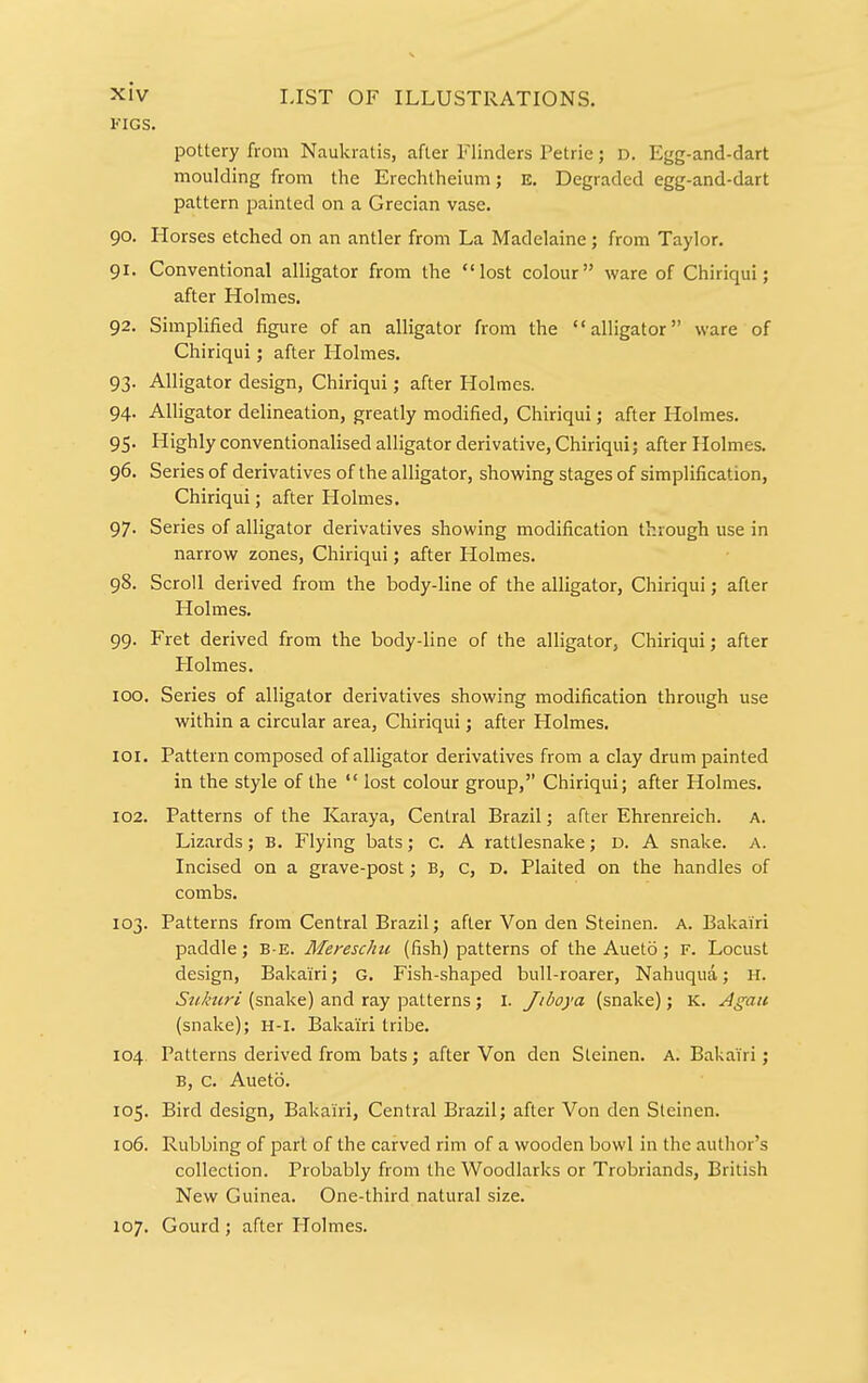 FIGS. pottery from Naukratis, after Flinders Petrie; d. Egg-and-dart moulding from the Erechtheium; K. Degraded egg-and-dart pattern painted on a Grecian vase. 90. Horses etched on an antler from La Madelaine; from Taylor. 91. Conventional alligator from the lost colour ware of Chiriqui; after Holmes. 92. Simplified figure of an alligator from the alligator ware of Chiriqui; after Holmes. 93. Alligator design, Chiriqui; after Holmes. 94. Alligator delineation, greatly modified, Chiriqui; after Holmes. 95. Highly conventionalised alligator derivative, Chiriqui; after Holmes. 96. Series of derivatives of the alligator, showing stages of simplification, Chiriqui; after Holmes. 97. Series of alligator derivatives showing modification through use in narrow zones, Chiriqui; after Holmes. 98. Scroll derived from the body-line of the alligator, Chiriqui; after Holmes. 99. Fret derived from the body-line of the alligator, Chiriqui; after Holmes. 100. Series of alligator derivatives showing modification through use within a circular area, Chiriqui; after Holmes. 101. Pattern composed of alligator derivatives from a clay drum painted in the style of the  lost colour group, Chiriqui; after Holmes. 102. Patterns of the Karaya, Central Brazil; after Ehrenreich. A. Lizards; B. Flying bats; C. A rattlesnake; D. A snake. A. Incised on a grave-post; B, c, D. Plaited on the handles of combs. 103. Patterns from Central Brazil; after Von den Steinen. A. Bakairi paddle; B-E. Mereschu (fish) patterns of the Aueto; F. Locust design, Bakairi; G. Fish-shaped bull-roarer, Nahuqua; H. Sukuri (snake) and ray patterns ; I. Jiboya (snake); K. Agaii (snake); H-I. Bakairi tribe. 104. Patterns derived from bats; after Von den Steinen. A. Bakairi; B, c. Aueto. 105. Bird design, Bakairi, Central Brazil; after Von den Steinen. 106. Rubbing of part of the carved rim of a wooden bowl in the author's collection. Probably from the Woodlarks or Trobriands, British New Guinea. One-third natural size. 107. Gourd ; after Holmes.