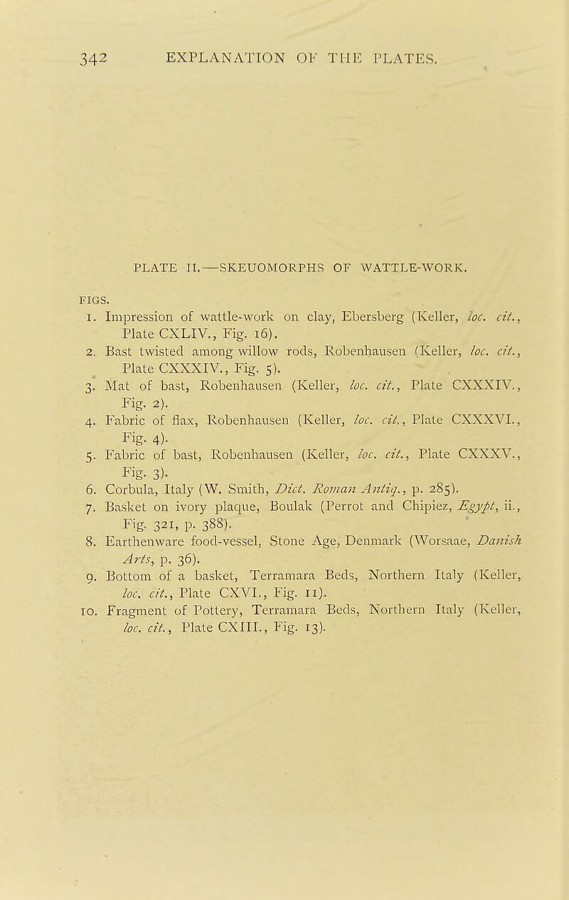 PLATE II.—SKEUOMORPHS OF WATTLE-WORK. FIGS. 1. Impression of wattle-work on clay, Ebersberg (Keller, coc. cit., Plate CXLIV., Fig. i6). 2. Bast twisted among willow rods, Robenhausen (Keller, loc. cit., Plate CXXXIV., Fig. 5). 3! Mat of bast, Robenhausen (Keller, loc. cit., Plate CXXXIV., Fig. 2). 4. Fabric of flax, Robenhausen (Keller, loc. cit,, Plate CXXXVL, Fig. 4)- 5. Fabric of bast, Robenhausen (Keller, loc. cit., Plate CXXXV., Fig. 3)- 6. Corbula, Italy (W. Smith, Diet. Roman Aiitiq., p. 285). 7. Basket on ivory plaque, Boulak (Perrot and Chipiez, Egypt, ii.. Fig. 321, p. 388). 8. Earthenware food-vessel, Stone Age, Denmark (Worsaae, Danish Arts, p. 36). 9. Bottom of a basket, Terramara Beds, Northern Italy (Keller, loc. cit., Plate CXVI., Fig. 11). 10. Fragment of Pottery, Terramara Beds, Northern Italy (Keller, loc. cit., Plate CXIII., Fig. 13).