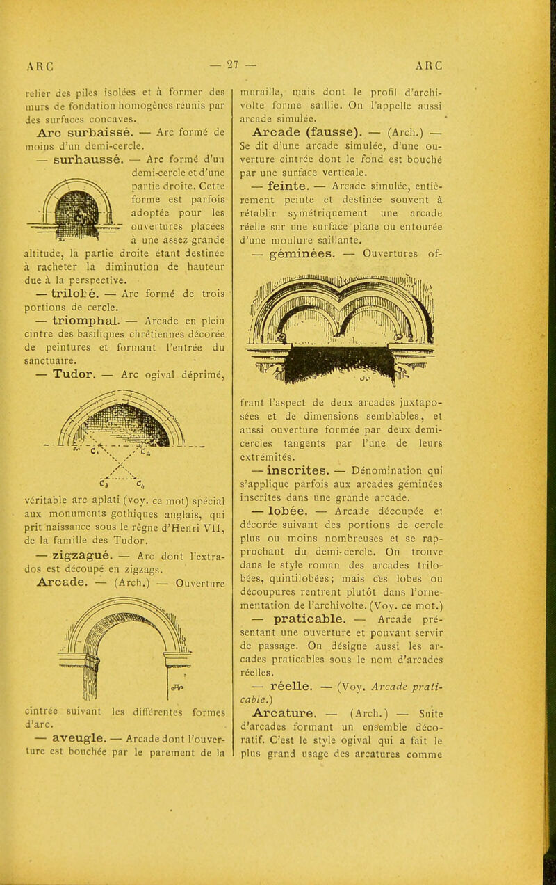 relier des piles isoliîes et à former des inurs de fondation homogènes réunis par des surfaces concaves. Aro surbaissé. — Arc formé de moins d'un demi-cercle. — surhaussé. — Arc formé d'un demi-cercle et d'une partie droite. Cette forme est parfois adoptée pour les ouvertures placées à une assez grande altitude, la partie droite étant destinée à racheter la diminution de hauteur due à la perspective. — triloté. — Arc formé de trois portions de cercle. — triomphal. — Arcade en plein cintre des basiliques chrétiennes décorée de peintures et formant l'entrée du sanctuaire. — Tudor. — Arc ogival déprimé, C3 c„ véritable arc aplati (voy. ce mot) spécial aux monuments gothiques anglais, qui prit naissance sous le régne d'Henri VII, de la famille des Tudor. — zigzagué. — Arc dont l'extra- dos est découpé en zigzags. Arcade. — (Arch.) — Ouverture cintrée suivant les différentes formes d'arc. — aveugle. — Arcade dont l'ouver- ture est bouchée par le parement de la muraille, mais dont le profil d'archi- volte forme saillie. On l'appelle aussi arcade simulée. Arcade (fausse). — (Arch.) — Se dit d'une arcade simulée, d'une ou- verture cintrée dont le fond est bouché par une surface verticale. — feinte. — Arcade .simulée, entiè- rement peinte et destinée souvent à rétablir symétriquement une arcade réelle sur une surface plane ou entourée d'une moulure saillante. — géminées. — Ouvertures of- frant l'aspect de deux arcades juxtapo- sées et de dimensions semblables, et aussi ouverture formée par deux demi- cercles tangents par l'une de leurs extrémités. — inscrites. — Dénomination qui s'applique parfois aux arcades géminées inscrites dans une grande arcade. — lobée. — Arcade découpée et décorée suivant des portions de cercle plus ou moins nombreuses et se rap- prochant du demi-cercle. On trouve dans le style roman des arcades trilo- bées, quintilobées ; mais cfes lobes ou découpures rentrent plutôt dans l'orne- mentation de l'archivolte. (Voy. ce mot.) — praticable. — Arcade pré- sentant une ouverture et pouvant servir de passage. On désigne aussi les ar- cades praticables sous le nom d'arcades réelles. — réelle. — (Voy. Arcade prati- cable.) Arcature. — (Arch.) — Suite d'arcades formant un ensemble déco- ratif. C'est le style ogival qui a fait le plus grand usage des arcatures comme