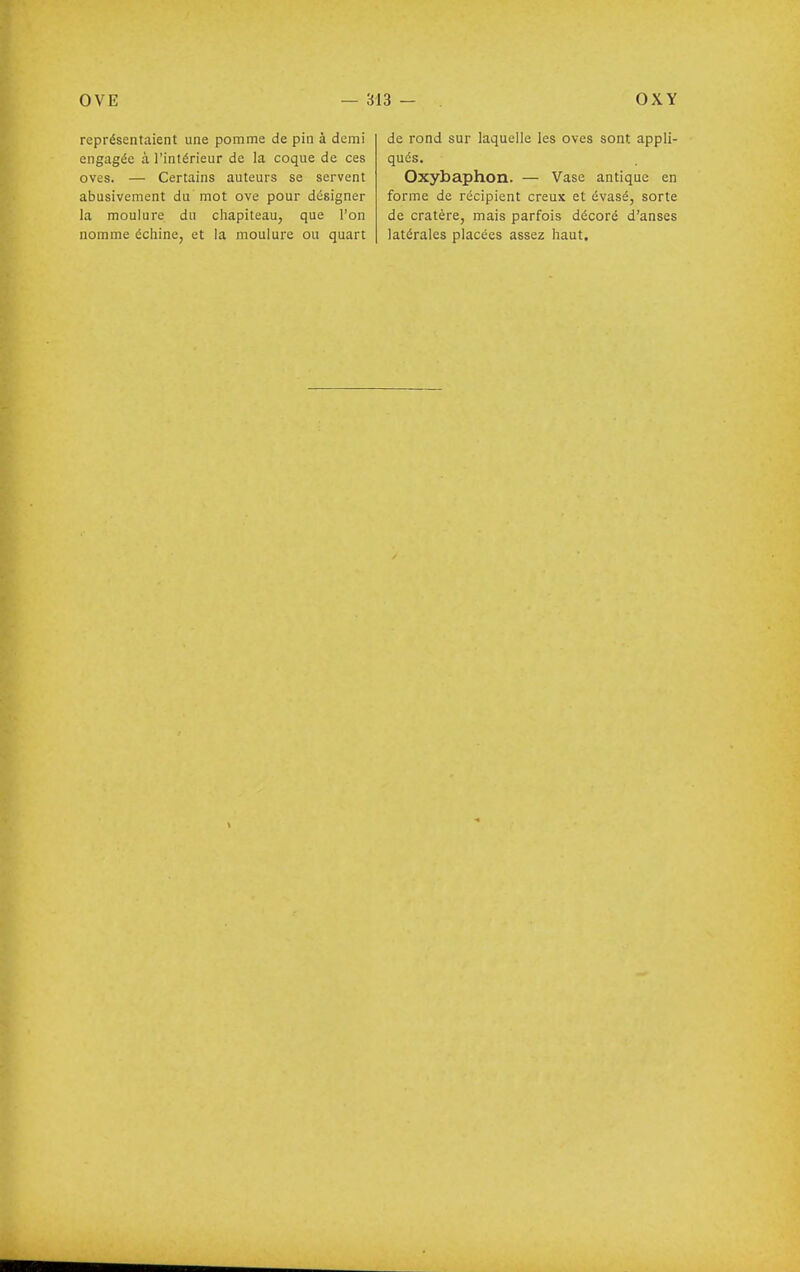 représentaient une pomme de pin à demi engagée à l'intérieur de la coque de ces oves. — Certains auteurs se servent abusivement du mot ove pour désigner la moulure du cliapiteau, que l'on nomme écliine, et la moulure ou quart de rond sur laquelle les oves sont appli- qués. Oxybaphon. — Vase antique en forme de récipient creux et évasé, sorte de cratère, mais parfois décoré d'anses latérales placées assez haut.
