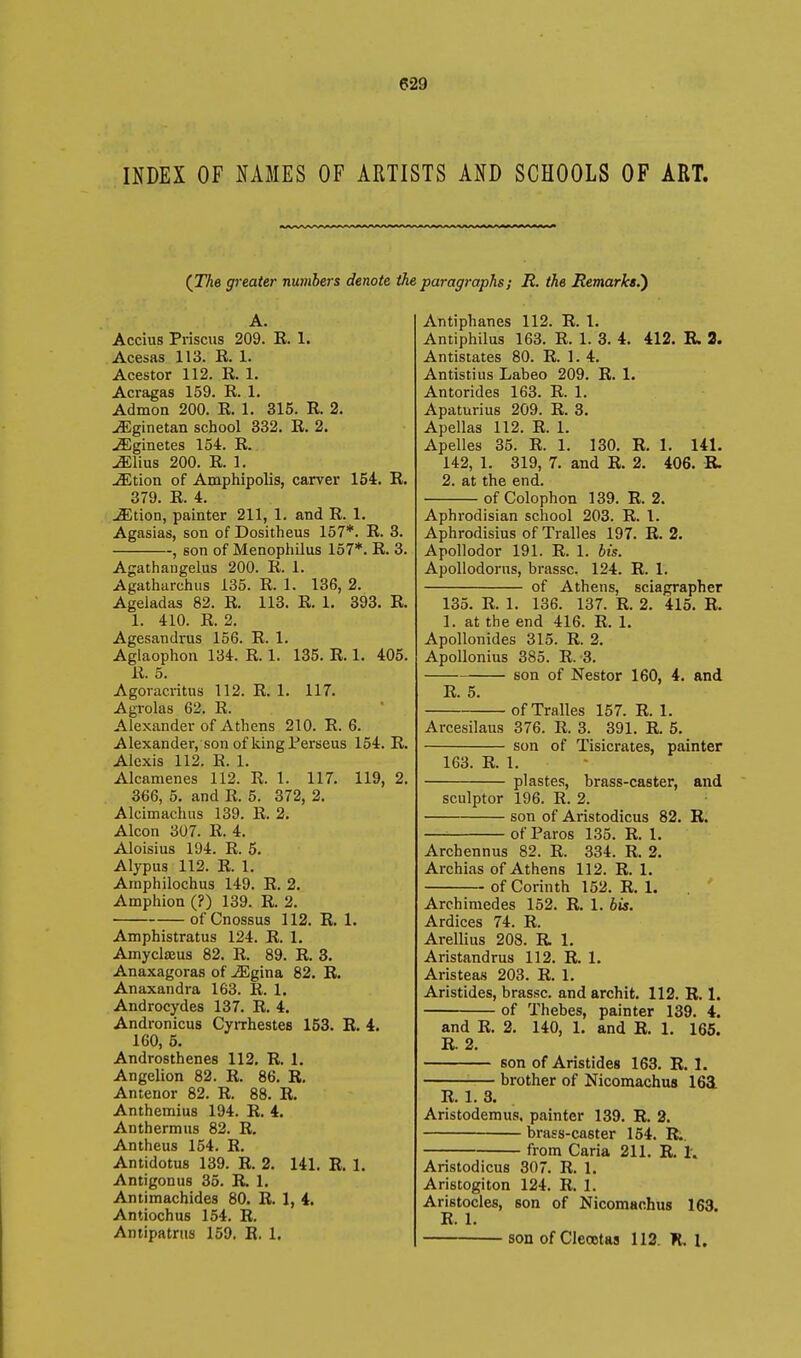 INDEX OF MMES OF ARTISTS AND SCHOOLS OF ART. {The greater numbers denote the A. Accins Priscus 209. R. 1. Acesas 113. R. 1. Acestor 112. R. 1. Acragas 159. R. 1. Admon 200. R. 1. 315. R. 2. ^ginetan school 332. R. 2. -ffiginetes 154. R. MVms 200. R. 1. .^tion of Amphipolis, carver 154. R. 379. R. 4. ^tioD, painter 211, 1. and R. 1. Agasias, son of Dositheus 157*. R. 3. , son of Menophilus 157*. R. 3. Agathangelus 200. R. 1. Agatharchus 135. R. 1. 136, 2. Ageladas 82. R. 113. R. 1. 393. R. 1. 410. R. 2. Agesandrus 156. R. 1. Aglaophon 134. R. 1. 135. R. 1. 405. R. 5. Agovacritus 112. R. 1. 117. Agrolas 62. R. Alexander of Athens 210. R. 6. Alexander, son of king Perseus 154. R. Alexis 112. R. 1. Alcamenes 112. R. 1. 117. 119, 2. 366, 5. and R. 5. 372, 2. Alcimachns 139. R. 2. Alcon 307. R. 4. Aloisius 194. R. 6. Alypus 112. R. 1. Amphilochus 149. R. 2. Amphion (?) 139. R. 2. ofCnossus 112. R, 1. Amphistratus 124. R. 1. Ainyclajus 82. R. 89. R. 3. Anaxagoras of iEgina 82. R. Anaxandra 163. R. 1. Androcydes 137. R. 4. Andronicus CyiThestes 153. R. 4. 160, 5. Androsthenes 112. R. 1. Angelion 82. R. 86. R, Antenor 82. R. 88. R. Anthemius 194. R. 4. Anthermiis 82. R. Antheus 154. R. Antidotus 139. R. 2. 141. R. 1. Antigen us 35. R. 1. Antimachides 80. R. 1, 4. Antiochus 154. R. Antipatrus 159. K. 1. paragraphs; R. the Remarks.^ Antiphanes 112. R. 1. Antiphilus 163. R. 1. 3. 4. 412. R. 3. Antistates 80. R. 1.4. Antistius Labeo 209. R. 1. Antorides 163. R. 1. Apaturius 209. R. 3. Apellas 112. R. 1. Apelles 35. R. 1. 130. R. 1. 141. 142, 1. 319, 7. and R. 2. 406. R. 2. at the end. of Colophon 139. R. 2. Aphrodisian school 203. R. I. Aphrodisius of Tralles 197. R. 2. ApoUodor 191. R. 1. bis. Apollodorus, brassc. 124. R. 1. of Athens, sciagrapher 135. R. 1. 136. 137. R. 2. 415. R. 1. at the end 416. R. 1. ApoUonides 315. R. 2. Apollonius 385. R.-3. son of Nestor 160, 4. and R. 5. of Tralles 157. R. 1. Arcesilaus 376. R. 3. 391. R. 5. son of Tisicrates, painter 163. R. 1. plastes, brass-caster, and sculptor 196. R. 2. son of Aristodicus 82. R. —■■ of Paros 135. R. 1. Archennus 82. R. 334. R. 2. Archias of Athens 112. R. 1. of Corinth 152. R. 1. Archimedes 152. R. 1. his. Ardices 74. R. Arellius 208. R 1. Aristandrus 112. R. 1. Aristeas 203. R. 1. Aristides, brassc. and archit, 112. R. 1. of Thebes, painter 139. 4. and R. 2. 140, 1. and R. 1. 165. R. 2. son of Aristides 163. R. 1. brother of Nicomachus 163. R. 1. 3. Aristodemus, painter 139. R. 2. brass-caster 154. R.. from Caria 211. R, 1. Aristodicus 307. R. 1. Aristogiton 124. R. 1. Aristocles, son of Nicomachus 163. R. 1. son of Cleootas 112. K. I.