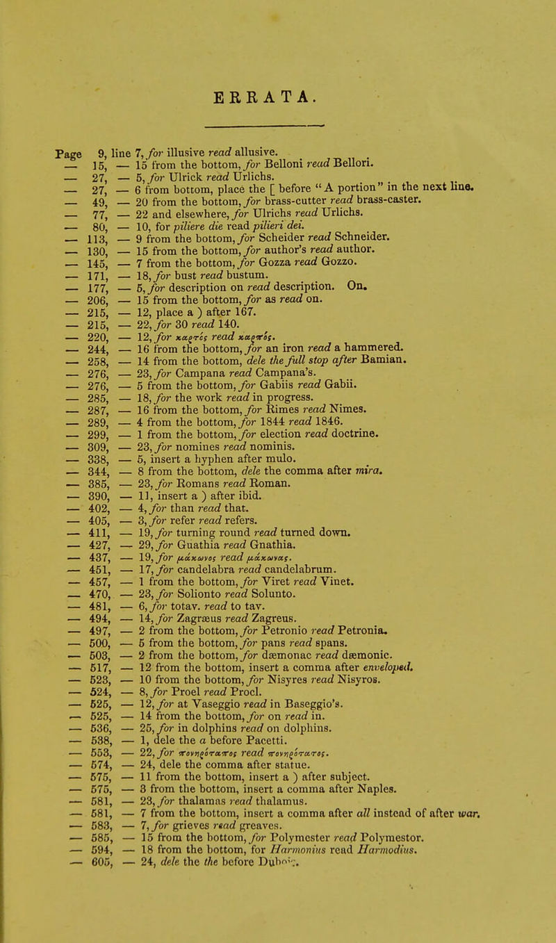 ERRATA. Page 9, line 7, for illusive read allusive, — 15, — 15 from the bottom,/or Belloni j-earf Bellori. — 27, — 5, for Ulrick read Urlichs. — 27,-6 from bottom, place the [ before A portion in the next line. — 49, — 20 from the bottom,/or brass-cutter rearf brass-caster. — 77, — 22 and elsewhere, for Ulrichs read Urlichs. — 80, — 10, for piliere die read pilieri dei. — 113, — 9 from the bottom,/or Scheider read Schneider. — 130, — 15 from the bottom,/or author's read author. — 145, — 7 from the bottom,/or Gozza read Gozzo. — 171, — 18,/or bust read bustum. — 177, —5,/or description on read description. On. — 206, — 15 from the bottom,/or as read on. — 215, — 12, place a ) after 167. — 215, — 22,/or 30 read 140. — 220, — 12, for xa^res read xa^trSs. — 244, — 16 from the bottom,/or an iron read a hammered. — 258, — 14 from the bottom, dele the full stop after Bamian. — 276, — 23,/or Campana read Campana's. — 276, — 5 from the bottom, for Gabiis read Gabii. — 285, — 18,/or the work read in progress. — 287, — 16 from the bottom,/or Rimes read Nimes. — 289, — 4 from the bottom,/or 1844 read 1846. — 299, — 1 from the bottom,/or election read doctrine. — 309, — 23, for nomines read nominis. — 338, — 6, insert a hyphen after mulo. — 344, — 8 from the bottom, dele the comma after mira. — 385, — 23,/or Romans read Roman. — 390, — 11, insert a ) after ibid. — 402, — 4, for than read that. — 405, — 3, for refer read refers. — 411, — 19,/)r turning round read turned down. — 427, — 29, for Guathia read Gnathia. — 437, — for i^axuvos read fiaxutas- — 451, — 17,/>r candelabra 7-ead candelabrum. — 457, — 1 from the bottom, for Viret read Vinet. 470, — 23, for Solionto read Solunto. — 481, — 6,/)r totav. read to tav. — 494, — 14,/)r Zagr£Eus read Zagreus. — 497, — 2 from the bottom,/or Petronio ? ead Petronia, — 500, — 5 from the bottom,/or pans read spans. — 503, — 2 from the bottom,/or dsemonac read daemonic. — 617, — 12 from the bottom, insert a comma after enveloped. — 523, — 10 from the bottom,/or Nisyres read Nisyros. — 524, — 8, for Proel read Procl. — 625, — 12,/)r at Vaseggio read in Baseggio'a. — 625, — 14 from the bottom,/)r on read in. — 636, — 25, for in dolphins read on dolphins. — 638, — 1, dele the a before Pacetti. — 653, — 22,/)r wa»»joTa?r«f read vrcvfi^oTctres. — 674, — 24, dele the comma after statue. — 676, — 11 from the bottom, insert a ) after subject. — 575, — 3 from the bottom, insert a comma after Naples. — 581, — 23,/or thalamas read thalamus. — 681, — 7 from the bottom, insert a comma after all instead of after war. — 583, — 7, for grieves read greaves. — 685, — 15 from the bottom,/or Polymcster read Polymestor. — 694, — 18 from the bottom, for Harmonius read JIarmodius. — 605, — 24, dele the the before Dub' ;.