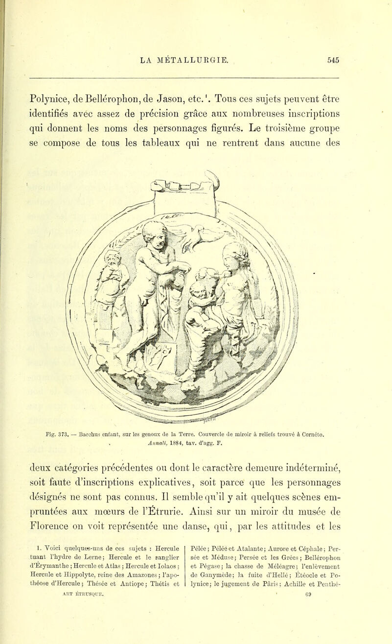 Polynice, deBellérophon,de Jason, etc.'. Tous ces sujets peuvent être identifiés avec assez de précision grâce aux nombreuses inscriptions qui donnent les noms des personnages figurés. Le troisième groupe se compose de tous les tableaux qui ne rentrent dans aucune des Fig. 373. — Bacchiis entant, sur les genoux Je la Terre. Couvercle de miroir à reliefs trouvé à Cornéto. Aiinali, 1884, tav. d'agg. F. deux catégories précédentes ou dont le caractère demeure indéterminé, soit faute d'inscriptions explicatives, soit parce que les personnages désignés ne sont pas connus. Il semble qu'il y ait quelques scènes em- pruntées aux mœurs de l'Etrurie. Ainsi sur un miroir du musée de Florence on voit représentée une danse, qui, par les attitudes et les 1. Voici quelquee-uns de ces sujets : Hercule tuant rhydre de Lerne; Hercule et le sanglier d'Erymanthe ; Hercule et Atlas ; Hercule et lolaos ; Hercule et Hippolyte, reine des Amazones ; l'apo- théose d'Hercule ; Thésée et Antiope ; Thétis et ART ÉTRUSQUE. Pélée ; Péléé et Atalante ; Aurore et Céphale ; Per- sée et Méduse ; Persée et les Grées ; Bellérophon et Pégase; la chasse de Méléagre; l'enlèvement de Ganymède; la fuite d'Hellé ; Étéoole et Po- lynice; le jugement de Paris; Achille et Penthé- 69