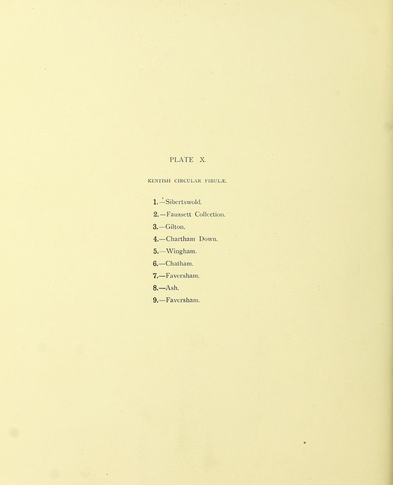 KENTISH CIRCULAR FIBULA. 1. —Sibertswold. 2. —Faussett Collection. 3. —Gilton. 4. —Chartham Down. 5. —Wingham. 6. —Chatham. 7. —Faversham. 8—Ash. 9.—Faversham.