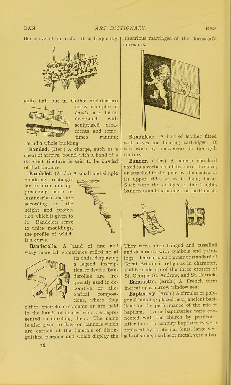 the curve of an arch. It is frequently I. quite flat, but in Gothic architecture many examples of bands are found decorated with sculptured orna- ments, and some- times running round a whole building. Banded. (Her.) A charge, such as a sheaf of arrows, bound with a band of a different tincture is said to be banded of that tincture. Bandelet. (Arch.) A small and simple moulding, rectangu- lar in form, and ap- proaching more or less nearly to a square accoiding to the height and projec- tion which is given to it. Bandelets serve to unite mouldings, the profile of which is a curve. Banderolle. A band of fine and wavy material, sometimes rolled up at its ends, displaying a legend, inscrip- tion, or device. Ban- derolles are fre- quently used in de- corative or alle- gorical composi- tions, where they either encircle ornaments or are held in the hands of figures who are repre- sented as unrolling them. The name is also given to flags or banners which are carried at the funerals of distin- guished persons, and which display the 36 illustrious marriages of the deceased's ancestors. Bandoleer. A belt of leather fitted with cases for holding cartridges. It was worn by musketeers in the 17th century. Banner. (Her.) A square standard fixed to a vertical staff by one of its sides, or attached to the pole by the centre of its upper side, so as to hang loose. Such were the ensigns of the knights bannerets and the banners of the Chur~h. They were often fringed and tasselled and decorated with symbols and paint- ings. The national banner or standard of Great Britain is religious in character, and is made up of the three crosses of St. George, St. Andrew, and St. Patrick. Banquette. (Arch.) A French term indicating a narrow window seat. Baptistery. (Arch.) A circular or poly- gonal building placed near ancient basi- licae for the performance of the rite of baptism. Later baptisteries were con- nected with the church by porticoes. After the nth century baptisteries were replaced by baptismal fonts, large ves- sels of stone, marble or metal, very often