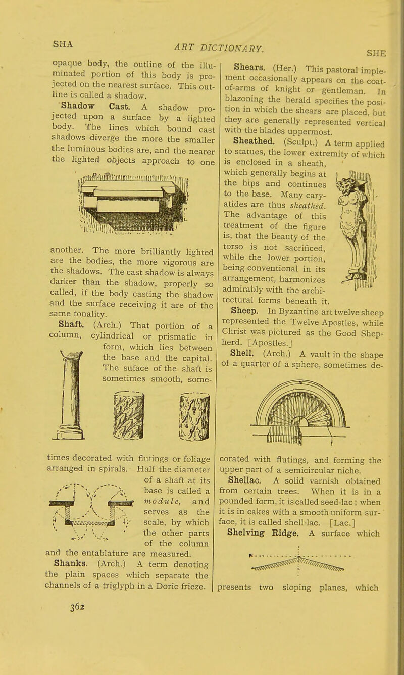 opaque body, the outline of the illu- minated portion of this body is pro- jected on the nearest surface. This out- line is called a shadow. Shadow Cast. A shadow pro- jected upon a surface by a lighted body. The lines which bound cast shadows diverge the more the smaller the luminous bodies are, and the nearer the lighted objects approach to one ;:l^niWlf;ii)lWii'iiiiniiii[('mM another. The more brilliantly lighted are the bodies, the more vigorous are the shadows. The cast shadow is always darker than the shadow, properly so called, if the body casting the shadow and the surface receiving it are of the same tonality. Shaft. (Arch.) That portion of a column, cylindrical or prismatic in form, which lies between the base and the capital. The suface of the shaft is sometimes smooth, some- 4 times decorated with flutings or foliage arranged in spirals. Half the diameter of a shaft at its /***} \\/' .-\\ base is called a gaj j ^miiii'm* module, and serves as the scale, by which the other parts of the column and the entablature are measured. Shanks. (Arch.) A term denoting the plain spaces which separate the channels of a triglyph in a Doric frieze. SHE Shears. (Her.) This pastoral imple- ment occasionally appears on the coat- of-arms of knight or gentleman. In blazoning the herald specifies the posi- tion in which the shears are placed, but they are generally represented vertical with the blades uppermost. Sheathed. (Sculpt.) A term applied to statues, the lower extremity of which is enclosed in a sheath, which generally begins at the hips and continues to the base. Many cary- atides are thus sheathed. The advantage of this treatment of the figure is, that the beauty of the torso is not sacrificed, while the lower portion, being conventional in its arrangement, harmonizes admirably with the archi- tectural forms beneath it. Sheep. In Byzantine art twelve sheep represented the Twelve Apostles, while Christ was pictured as the Good Shep- herd. [Apostles.] Shell. (Arch.) A vault in the shape of a quarter of a sphere, sometimes de- corated with flutings, and forming the upper part of a semicircular niche. Shellac. A solid varnish obtained from certain trees. When it is in a pounded form, it is called seed-lac ; when it is in cakes with a smooth uniform sur- face, it is called shell-lac. [Lac] Shelving Ridge. A surface which ~U0 presents two sloping planes, which