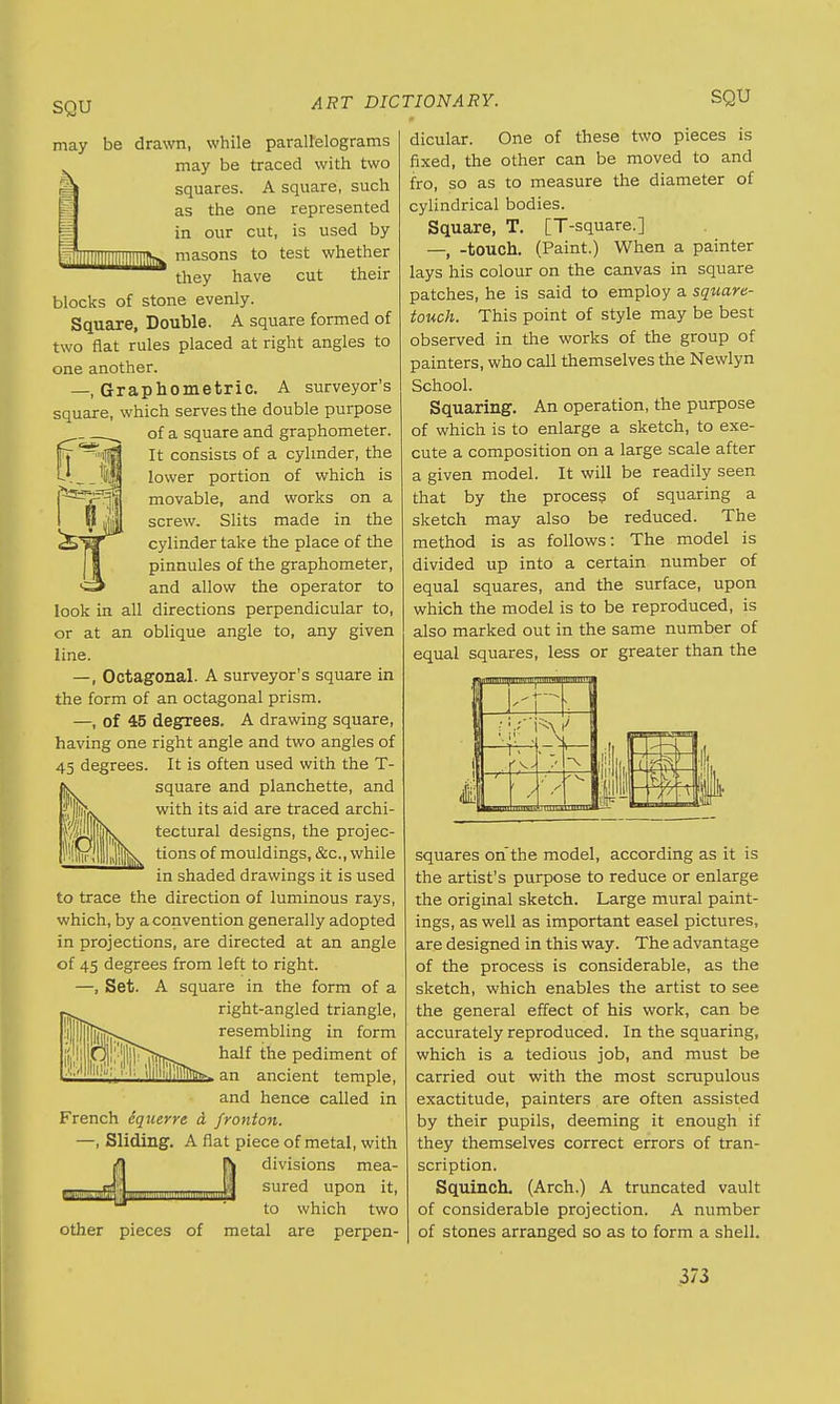 SQU may L ART DICTIONARY. SQU be drawn, while parallelograms may be traced with two squares. A square, such as the one represented in our cut, is used by masons to test whether cut their they have blocks of stone evenly. Square, Double. A square formed of two flat rules placed at right angles to one another. —, Graphometric. A surveyor's square, which serves the double purpose of a square and graphometer. U ^'^fl It: consiSIS °f a cylinder, the lower portion of which is movable, and works on a screw. Slits made in the cylinder take the place of the pinnules of the graphometer, and allow the operator to look in all directions perpendicular to, or at an oblique angle to, any given line. —, Octagonal. A surveyor's square in the form of an octagonal prism. —, of 45 degrees. A drawing square, having one right angle and two angles of 45 degrees. It is often used with the T- square and planchette, and with its aid are traced archi- tectural designs, the projec- tions of mouldings, &c, while in shaded drawings it is used to trace the direction of luminous rays, which, by a convention generally adopted in projections, are directed at an angle of 45 degrees from left to right. —, Set. A square in the form of a right-angled triangle, resembling in form half the pediment of . an ancient temple, and hence called in French cquerre d fronton. —, Sliding. A flat piece of metal, with divisions mea- sured upon it, to which two metal are perpen- dicular. One of these two pieces is fixed, the other can be moved to and fro, so as to measure the diameter of cylindrical bodies. Square, T. [T-square.] —, -touch. (Paint.) When a painter lays his colour on the canvas in square patches, he is said to employ a square- touch. This point of style may be best observed in the works of the group of painters, who call themselves the Newlyn School. Squaring. An operation, the purpose of which is to enlarge a sketch, to exe- cute a composition on a large scale after a given model. It will be readily seen that by the process of squaring a sketch may also be reduced. The method is as follows: The model is divided up into a certain number of equal squares, and the surface, upon which the model is to be reproduced, is also marked out in the same number of equal squares, less or greater than the other pieces of squares oh the model, according as it is the artist's purpose to reduce or enlarge the original sketch. Large mural paint- ings, as well as important easel pictures, are designed in this way. The advantage of the process is considerable, as the sketch, which enables the artist to see the general effect of his work, can be accurately reproduced. In the squaring, which is a tedious job, and must be carried out with the most scrupulous exactitude, painters are often assisted by their pupils, deeming it enough if they themselves correct errors of tran- scription. Squinch. (Arch.) A truncated vault of considerable projection. A number of stones arranged so as to form a shell.