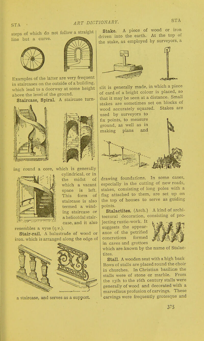 STA • steps of which do not follow a straight line but a curve. ART DICTIONARY. STA Examples of the latter are very frequent in staircases on the outside of a building, which lead to a doorway at some height above the level of the ground. Staircase, Spiral. A staircase turn- Stake. A piece of wood or iron driven into the earth. At the top of the stake, as employed by surveyors, a ing round a core, which is generally , U cylindrical, or in the midst of which a vacant space is left. This form of staircase is also termed a wind- ing staircase or a helico'idal stair- case, and it also slit is generally made, in which a piece of card of a bright colour is placed, so that it may be seen at a distance. Small stakes are sometimes set on blocks of wood accurately squared. Stakes are used by surveyors to fix points, to measure ground, as well as in making plans and resembles a vyse (q.v.). Stair-rail. A balustrade of wood or iron, which is arranged along the edge of a staircase, and serves as a support. drawing foundations. In some cases, especially in the cutting of new roads, stakes, consisting of long poles with a flag attached to them, are set up on the top of houses to serve as guiding points. Stalactites. (Arch.) A kind of archi- tectural decoration, consisting of pro- jecting rustic-work. It suggests the appear- ance of the petrified concretions formed in caves and grottoes which are-known by the name of Stalac- tites. Stall. A wooden seat with a high back Rows of stalls are placed round the choir in churches. In Christian basilicas the stalls were of stone or marble. From the 13 th to the 16th century stalls were generally of wood and decorated with a marvellous profusion of carvings. These carvings were frequently grotesque and