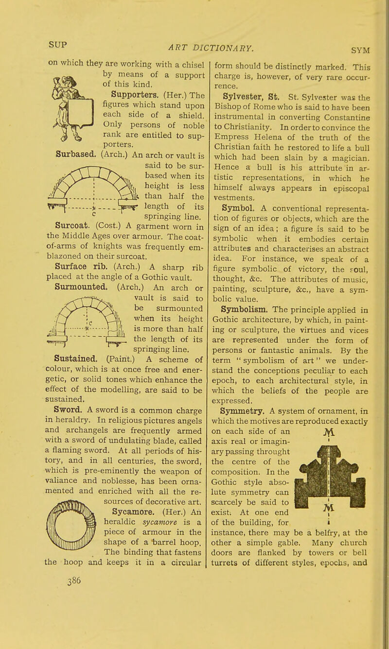 SYM on which they are working with a chisel by means of a support of this kind. Supporters. (Her.) The figures which stand upon each side of a shield. Only persons of noble rank are entitled to sup- porters. Surbased. (Arch.) An arch or vault is said to be sur- based when its height is less , .Ik than half the -i length of its c springing line. Surcoat. (Cost.) A garment worn in the Middle Ages over armour. The coat- of-arms of knights was frequently em- blazoned on their surcoat. Surface rib. (Arch.) A sharp rib placed at the angle of a Gothic vault. Surmounted. (Arch.) An arch or vault is said to be surmounted when its height is more than half the length of its springing line. Sustained. (Paint.) A scheme of colour, which is at once free and ener- getic, or solid tones which enhance the effect of the modelling, are said to be sustained. Sword. A sword is a common charge in heraldry. In religious pictures angels and archangels are frequently armed with a sword of undulating blade, called a flaming sword. At all periods of his- tory, and in all centuries, the sword, which is pre-eminently the weapon of valiance and noblesse, has been orna- mented and enriched with all the re- sources of decorative art. Sycamore. (Her.) An heraldic sycamore is a piece of armour in the shape of a 'barrel hoop. The binding that fastens the hoop and keeps it in a circular form should be distinctly marked. This charge is, however, of very rare occur- rence. Sylvester, St. St. Sylvester was the Bishop of Rome who is said to have been instrumental in converting Constantine to Christianity. In orderto convince the Empress Helena of the truth of the Christian faith he restored to life a bull which had been slain by a magician. Hence a bull is his attribute in ar- tistic representations, in which he himself always appears in episcopal vestments. Symbol. A conventional representa- tion of figures or objects, which are the sign of an idea; a figure is said to be symbolic when it embodies certain attributes and characterises an abstract idea. For instance, we speak of a figure symbolic of victory, the Foul, thought, &c. The attributes of music, painting, sculpture, &c, have a sym- bolic value. Symbolism. The principle applied in Gothic architecture, by which, in paint- ing or sculpture, the virtues and vices are represented under the form of persons or fantastic animals. By the term  symbolism of art we under- stand the conceptions peculiar to each epoch, to each architectural style, in which the beliefs of the people are expressed. Symmetry. A system of ornament, in which the motives are reproduced exactly on each side of an axis real or imagin- ary passing throught the centre of the composition. In the Gothic style abso- (hBB'f lute symmetry can BHH scarcely be said to exist. At one end of the building, for instance, there may be a belfry, at the other a simple gable. Many church doors are flanked by towers or bell turrets of different styles, epochs, and