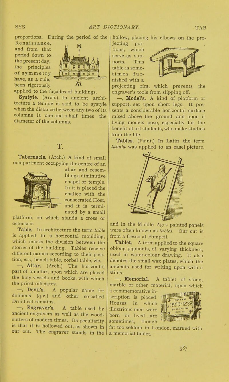 proportions. During the period of the Renaissance, and from that period down to the present day, the principles of symmetry have, as a rule, been rigorously applied to the facades of buildings. Systyle. (Arch.) In ancient archi tecture a temple is said to be systyle when the distance between any two of its columns is one and a half times the diameter of the columns M Tabernacle. (Arch.) A kind of small compartment occupying the centre of an altar and resem- bling a diminutive chapel or temple. In it is placed the chalice with the consecrated Host, and it is termi- nated by a small platform, on which stands a cross or ostensoir. Table. In architecture the term table is applied to a horizontal moulding, which marks the division between the stories of the building. Tables receive different names according to their posi- tion, e.g., bench table, corbel table, &c. —, Altar. (Arch.) The horizontal part of an altar, upon which are placed the holy vessels and books, with which the priest officiates. —, Devil's. A popular name for dolmens (q.v.) and other so-called Druidical remains. —, Engraver's. A table used by ancient engravers as well as the wood- cutters of modern times. Its peculiarity is that it is hollowed out, as shown in our cut. The engraver stands in the the hollow, placing his elbows on the pro- jecting por- tions, which serve as sup- ports. This table is some- times fur- nished with a projecting rim, which prevents engraver's tools from slipping off. —, Model's. A kind of platform or support, set upon short legs. It pre- sents a considerable horizontal surface raised above the ground and upon it living models pose, especially for the benefit of art students, who make studies from the life. Tables. (Paint.) In Latin the term tabula, was applied to an easel picture, and in the Middle Ages painted panels were often known as tables. Our cut is from a fresco at Pompeii. Tablet. A term applied to the square oblong pigments, of varying thickness, used in water-colour drawing. It also denotes the small wax plates, which the ancients used for writing upon with a stilus. —, Memorial. A tablet of stone, marble or other material, upon which a commemorative in- iiniMllllllMliii scription is placed. illlllliiS^siil Houses in which illustrious men were born or lived are sometimes, though ^ far too seldom in London, marlted with a memorial tablet. 38/