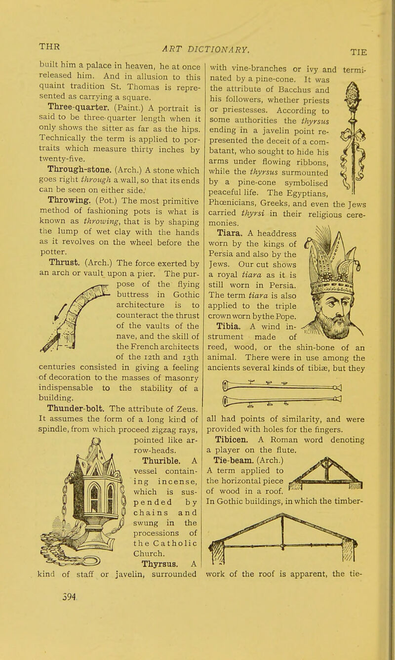 THR TIE built him a palace in heaven, he at once released him. And in allusion to this quaint tradition St. Thomas is repre- sented as carrying a square. Three-quarter. (Paint.) A portrait is said to be three-quarter length when it only shows the sitter as far as the hips. Technically the term is applied to por- traits which measure thirty inches by twenty-five. Through-stone. (Arch.) A stone which goes right through a wall, so that its ends can be seen on either side.' Throwing. (Pot.) The most primitive method of fashioning pots is what is known as throwing, that is by shaping the lump of wet clay with the hands as it revolves on the wheel before the potter. Thrust. (Arch.) The force exerted by an arch or vault upon a pier. The pur- pose of the flying buttress in Gothic architecture is to counteract the thrust of the vaults of the nave, and the skill of the French architects of the 12th and 13th centuries consisted in giving a feeling of decoration to the masses of masonry indispensable to the stability of a building. Thunder-bolt. The attribute of Zeus. It assumes the form of a long kind of spindle, from which proceed zigzag rays, pointed like ar- row-heads. Thurible. A vessel contain- ing incense, which is sus- pended by chains and swung in the processions of the Catholic Church. Thyrsus. A kind of staff or javelin, surrounded work of the roof is apparent, the tie- with vine-branches or ivy and termi- nated by a pine-cone. It was the attribute of Bacchus and his followers, whether priests or priestesses. According to some authorities the thyrsus ending in a javelin point re- presented the deceit of a com- batant, who sought to hide his arms under flowing ribbons, while the thyrsus surmounted by a pine-cone symbolised peaceful life. The Egyptians, V^ Phoenicians, Greeks, and even the Jews carried thyrsi in their religious cere- monies. Tiara. A headdress worn by the kings of Persia and also by the Jews. Our cut shows a royal tiara as it is still worn in Persia. The term tiara is also applied to the triple crown worn by the Pope. Tibia. A wind in- strument made of reed, wood, or the shin-bone of an animal. There were in use among the ancients several kinds of tibiae, but they =*3 all had points of similarity, and were provided with holes for the fingers. Tibicen. A Roman word denoting a player on the flute. Tie-beam. (Arch.) A term applied to the horizontal piece of wood in a roof. In Gothic buildings, in which the timber-