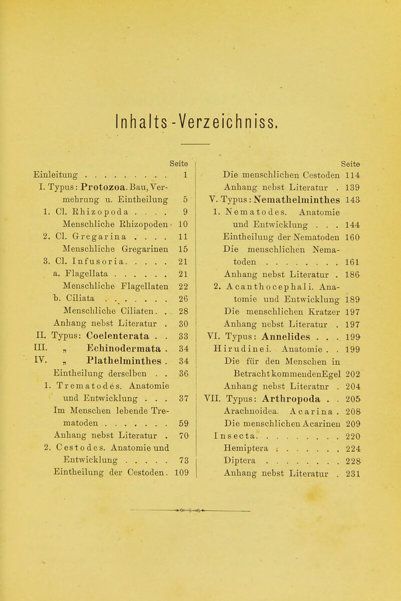 Inhalts -Ve rzeichniss. Seite Seit» 1 Die menschlichen Cestoden 114 1. lypus: i'rotozoa. Bau, Ver- Anhang nebst Literatur . 139 melirung u. Eintheilung 0 V. Typus: Nematlielmintlies 143 \ I I l-r ri 1 ry r\ v\ c\ cx n 1. yjl, JAilllzopoUcl Q 1. xN e m a X 0 Cl e s. ivnatomie Menschliche Rhizopoden 1 C\ und Entwicklung . . . 144 2. Cl. Grregarina . 1 1 i 1 Eintheilung der Nematoden 160 Menschliche Gregarinen 15 Die menschlichen Nema- 21 161 21 Anhang nebst Literatur . 186 Menschliche Flagellaten 22 2. Acanthocephali. Ana- 26 tomie und Entwicklung 189 Menschliche Ciliaten. . 28 Die menschlichen Kratzer 197 A n n TiD* nPncf T ,i f ptq +m» XX LI 1J Ci J_l fci HCUOt XJlLOlCltLLl ■ ivnnang neust j-jiteratur 1 Q7 13 / II. Typus: Coelenterata . . .33 VI. Typus: Annelides . . . 19» in. „ Echinodex'mata . 34 Hirudinei. Anatomie. . 199 IV. „ Plathelminthes . 34 Die für den Menschen in Eintheilung derselben . . 36 Betracht kommendenEgel 202 1. Trematodes. Anatomie Anhang nebst Literatur . 204 und Entwicklung . . . 37 VII. Typus: Arthropoda . . 205 Im Menschen lebende Tre- Arachnoidea. Acarina . 208 59 Die menschlichen Acarinen 209 Anhang nebst Literatur . 70 220 2. Cestodes. Anatomie und 224 Entwicklung 73 228 Eintheilung der Cestoden. 109 Anhang nebst Literatur . 231