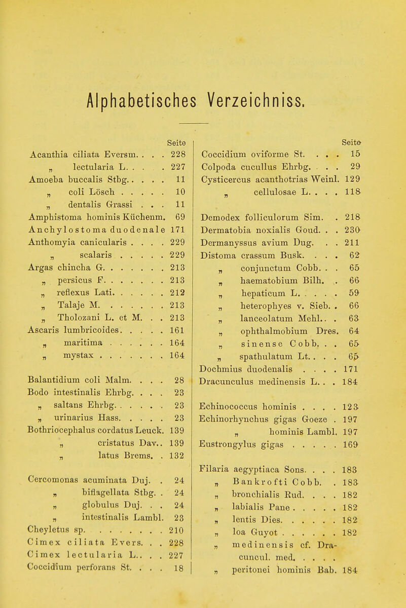 Alphabetisches Verzeichniss. Seite Acanthia ciliata Eversm. . . . 228 „ lectularia L. . . .227 Amoeba buccalis Stbg 11 „ coli Löscb 10 „ dentalis Grassi ... 11 Ampbistoma hominis Küchenm. 69 Anchy 1 0s10ma du0denale 171 Anthomyia canicularis . . . .229 „ scalaris 229 Argas cbincha G 213 „ persicus F 213 „ reflexus Lati 212 „ Talaje M 218 „ Tholozani L. et M. . . 218 Ascaris lumbricoides 161 „ maritima 164 „ mystax 164 Balantidium coli Malm. ... 28 Bodo intestinalis Ehrbg. ... 23 „ saltans Ehrbg 23 n urinarius Hass 23 Bothriocephalus cordatus Leuck. 139 „ cristatus Dav.. 139 „ latus Brems. . 132 Cercomonas acuminata Duj. . 24 „ biflagellata Stbg. . 24 „ globulus Duj. . . 24 „ intestinalis Lambl. 28 Cheyletus sp 210 Cimex ciliata Evers. . . 228 Cimex lectularia L.. , . 227 Coccidiura perforans St. . . . 18 Seite Coccidium oviforme St. ... 15 Colpoda cucuUus Ehrbg. ... 29 Cysticercus acanthotrias Weinl. 129 „ cellulosae L. . . . 118 Demodex folliculorum Sim. . 21& Dermatobia noxialis Goud. . .230- Dermanyssus avium Dug. . . 211 Distoma crassum Busk. ... 62 „ conjunctum Cobb. . . 65 „ haematobium Bilh. . 66 „ hepaticum L 59 „ heterophyes v. Sieb. . 66 „ lanceolatum Mehl.. . 68 „ ophthalmobium Dres. 64 „ sinense Cobb. . . 65 „ spathulatum Lt.... 65^ Dochmius duodenalis . . . . 171 Dracunculus medinensis L. . . 184 Echinococcus hominis ... .128 Echinorhynchus gigas Goeze . 197 „ hominis Lambl. 197 Eustrongylus gigas 169 Filaria aegyptiaca Sons. ... 188 „ Bankrofti Cobb. . 188 „ bronchialis Rud. . . . 182 „ labialis Pane 182 „ lentis Dies 182 „ loa Guyot 182 medinensis cf. Dra- cuncul. med peritouei hominis Bab. 184