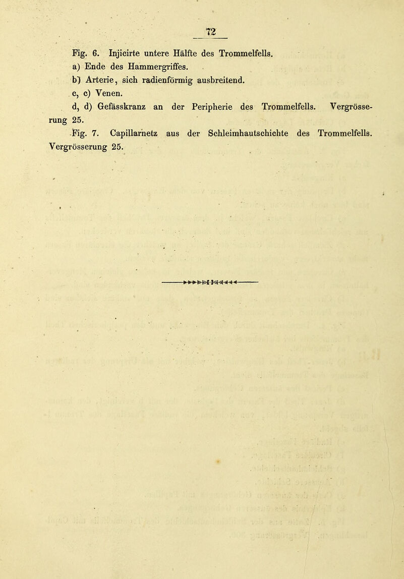 12 Fig. 6. Injicirte untere Hälfte des Trommelfells. a) Ende des Hammergriffes. b) Arterie, sich radienförmig ausbreitend. c, c) Venen. d, d) Gefässkranz an der Peripherie des Trommelfells. Vergrösse- rung 25. Fig. 7. CapiUarhetz aus der Schleimhautschichte des Trommelfells. Vergrösserung 25.
