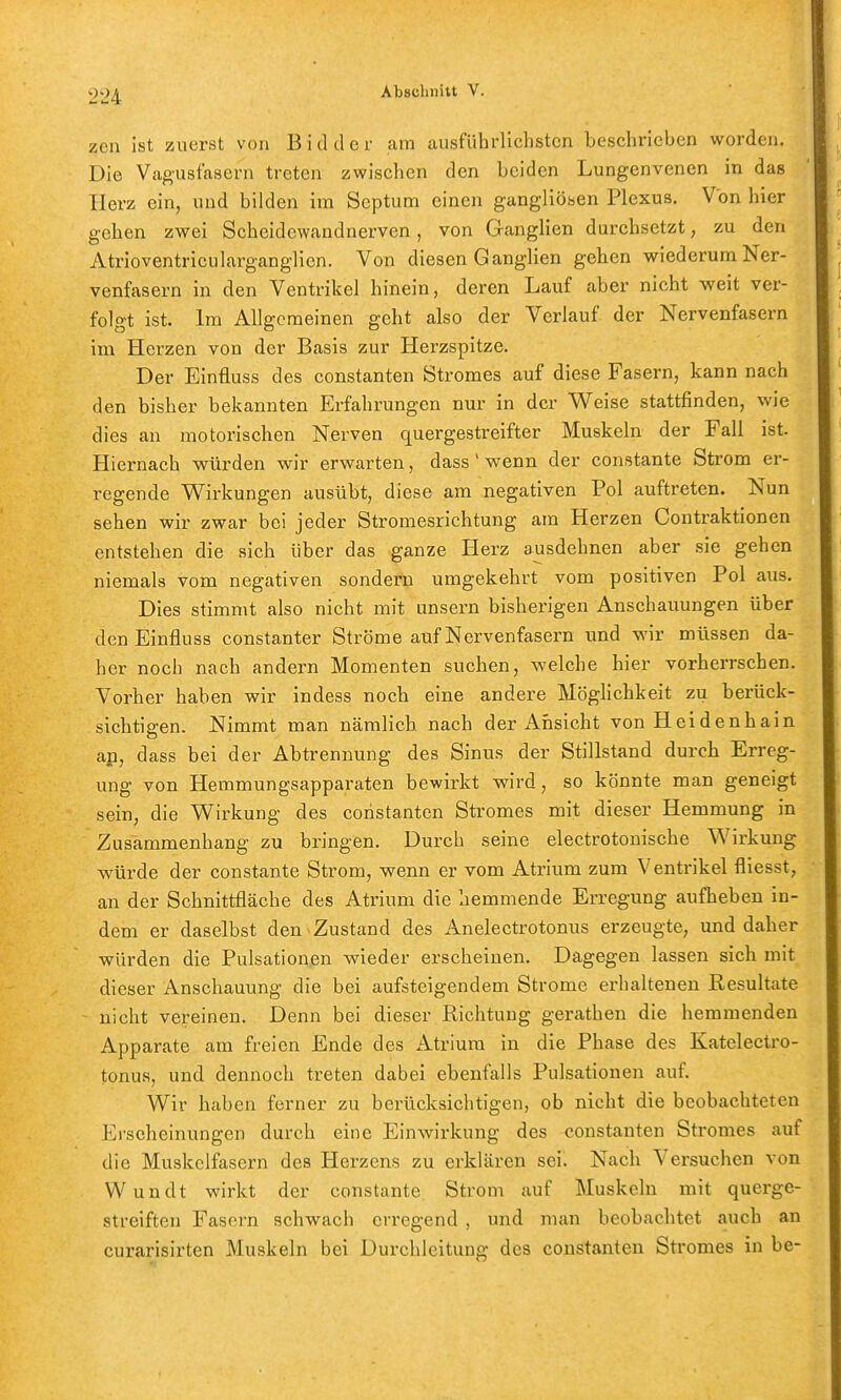 zen ist zuerst von Bidder am ausführlichsten beschrieben worden. Die Vagusfasern treten zwischen den beiden Lungenvenen in das Herz ein, und bilden im Septum einen gangllösen Plexus. Von hier gehen zwei Scheidewandnerven, von Ganglien durchsetzt, zu den Atrioventricularganglien. Von diesen Ganglien gehen wiederum Ner- venfasern in den Ventrikel hinein, deren Lauf aber nicht weit ver- folgt ist. Im Allgemeinen geht also der Verlauf der Nervenfasern im Herzen von der Basis zur Herzspitze. Der Einfluss des constanten Stromes auf diese Fasern, kann nach den bisher bekannten Erfahrungen nur in der Weise stattfinden, wie dies an motorischen Nerven quergestreifter Muskeln der Fall ist. Hiernach würden wir erwarten, dass ' wenn der constante Strom er- regende Wirkungen ausübt, diese am negativen Pol auftreten. Nun sehen wir zwar bei jeder Stromesrichtung am Herzen Contraktionen entstehen die sich über das ganze Herz ausdehnen aber sie gehen niemals vom negativen sondern umgekehrt vom positiven Pol aus. Dies stimmt also nicht mit unsern bisherigen Anschauungen über den Einfluss constanter Ströme auf Nervenfasern und wir müssen da- her noch nach andern Momenten suchen, welche hier vorherrschen. Vorher haben wir indess noch eine andere Möglichkeit zu berück- sichtigen. Nimmt man nämlich nach der Ansicht von Heidenhain ap, dass bei der Abtrennung des Sinus der Stillstand durch Erreg- ung von Hemmungsapparaten bewirkt wird, so könnte man geneigt sein, die Wirkung des constanten Stromes mit dieser Hemmung in Zusammenhang zu bringen. Durch seine electrotonische Wirkung würde der constante Strom, wenn er vom Atrium zum Ventrikel fliesst, an der Schnittfläche des Atrium die hemmende Erregung aufheben in- dem er daselbst den Zustand des Anelectrotonus erzeugte, und daher würden die Pulsationen wieder erscheinen. Dagegen lassen sich mit dieser Anschauung die bei aufsteigendem Strome erhaltenen Resultate nicht vereinen. Denn bei dieser Richtung gerathen die hemmenden Apparate am freien Ende des Atrium in die Phase des Kateleetro- tonus, und dennoch treten dabei ebenfalls Pulsationen auf. Wir haben ferner zu berücksichtigen, ob nicht die beobachteten Erscheinungen durch eine Einwirkung des constanten Stromes auf die Muskelfasern des Herzens zu erklären sei. Nach Versuchen von Wundt wirkt der constante Strom auf Muskeln mit querge- streiften Fasern schwach erregend , und man beobachtet auch an curarisirten Muskeln bei Durchleitung des constanten Stromes in be-