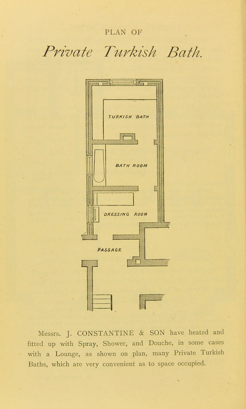 PLAN OF Private Turkish Bath. Messrs. J. CONSTANTINE & SON have heated and fitted up with Spray, Shower, and Douche, in some cases with a Lounge, as shown on plan, many Private Turkish Baths, which are very convenient as to space occupied.