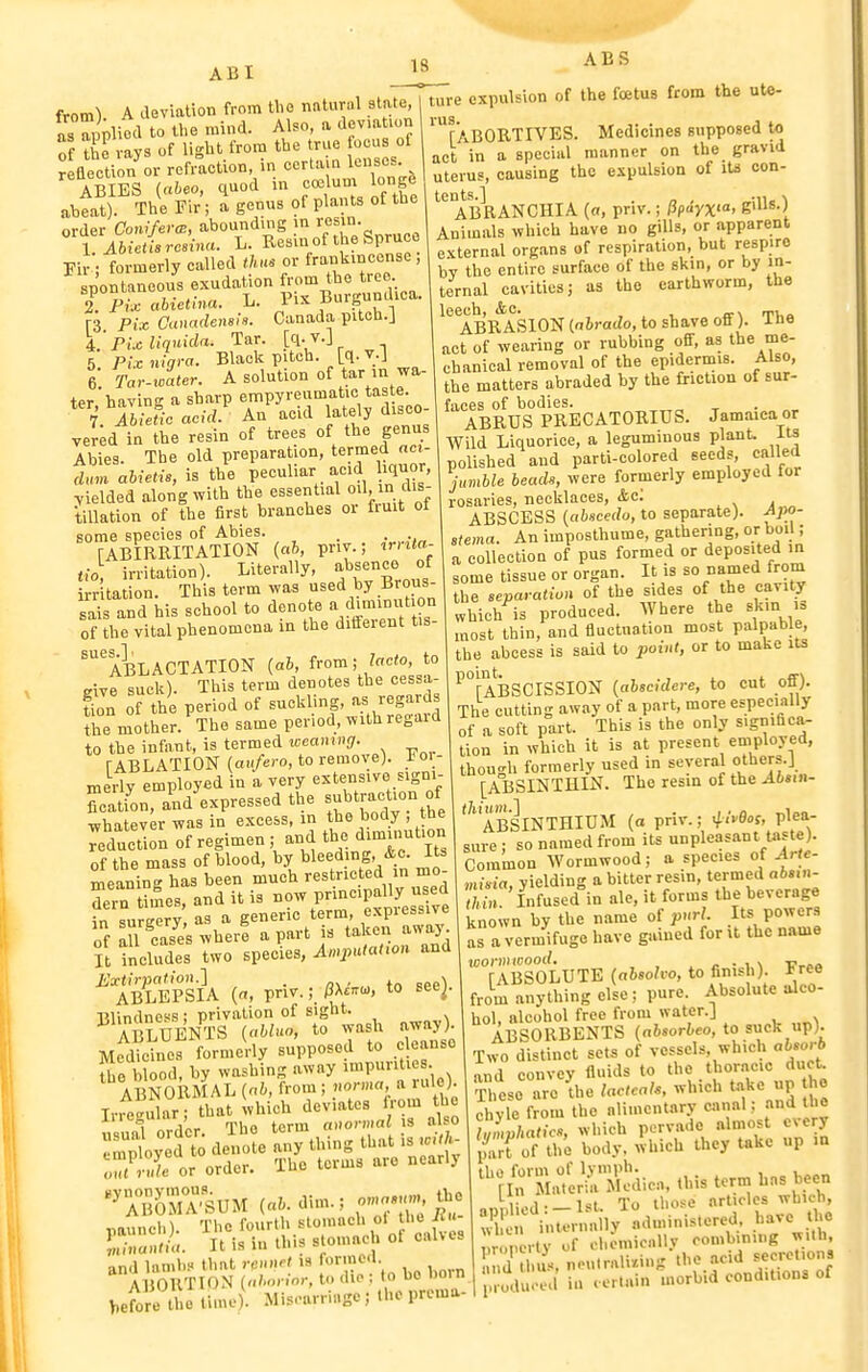 ABI ABS from). A deviation from the natural state, as applied to the mind. Also, a deviation reflection or refraction, in certam lenses. ABIES (aheo, quod in coelum longS abeat) The Fir'; a genus of plants of the order Coni/er<B, abounding 1 Abietisresina. L. Resin of the Spruce Fir ; formerly called thus or frafincense , spontaneous exudation from the tree 2 P--.. abietina. L. Pix Burgundica. rs Piic Canadensh. Canada pitch.J \.'PUliqnida. Tar. [q-/-] 5 Pix nigra. Black pitch, [q. v-J 6 Tar-ioater. A solution of tar in wa- ter'having a sharp empyreumatic taste. 7' IbTetic ackL An acid lately diseo- ver;d in the resin of trees of the genus Abies. The old preparation, ter-^^d dum ahietis, is the peculiar acid liquor, Yielded along with ^^l^''^'}^'''^ °'h'Zt oi tillation of the first branches or fruit ot some species of Abies. _ . rABIRRITATION {ab, priv.; ^rnla ■} irritation). Literally, absence of ture expulsion of the foetus from the ute- rus. tio, irritation;. xjiuc^.v, -„ irr tation. This term was used byBrous- sais and his school to denote a f ™ti^^^ of the vital phenomena in the ditfeient tis- ^aBLACTATION {ab, from; Jacto, to crive suck). This term denotes the cessa- C o\ the period of -ekling, as regar s the mother. The same period, withregaid to the infant, is termed iceanwg. FABLATION {aufero, to remove). i<oi- nierly employed in a very extensive signi- fication, a'nd'expressed the -btrad.on of whatever was in excess, in the body , tue deduction of regimen ; and the diminution of the mass of blood, by bleeding, &c. It. meaning has been much restricted in mo- dern U^es, and it is -w principal y used in sureery, as a generic term, expiessive of auS where apart is taken awaJ^ It includes two species, An.pulation and Extirpation.'] . n\' in KPel ABLEPSIA {a, pnv.; to Beej. Blindness ; privation of sight. ABLUENTS {abluo, to wash away). Mfd?cines formerly supposed to c eanse the blood, by washing away impurities. ABNORMAL [ah, from ; norma a rule). Irregular; that which deviates from the usual order. The term -.on»a |S « so employed to denote any thing that is ^utli o7S or order. The terms are nearly paunch). The fourth sloinach ol hej^^u „.,■«»(.«. It is in this stomach ot calves and lambs that rc»n<'t lormcd. ABORTION {nhorior, to die : to bo boin before the lime). Miscarriage; the prema- [ABORTIVES. Medicines supposed to act in a special manner on the gravid uterus, causing the expulsion of its con- tents.] . „ , ABRANCHIA (o, pnv.; /3payx'«' e'*-J Animals which have no gills, or apparent external organs of respiration, but respire hy the entire surface of the skin, or by in- ternal cavities; as the earthworm, the ^'^ ABRASION {nbrado, to shave off). The act of wearing or rubbing off, as the me- chanical removal of the epidermis. Also, the matters abraded by the friction of sur- faces of bodies. x • „- ABRUS PRECATORIUS. Jamaica or Wild Liquorice, a leguminous plant. Us polished and parti-colored seeds, called jumble beads, were formerly employed for rosaries, necklaces, <fcc; ABSCESS {abocedo, to separate). Apo- stema. An imposthume, gathering, or bo,l; a collection of pus formed or deposited in some tissue or organ. It is so named from the separation of the sides of the cavity which is produced. Where the skin is most thin, and fluctuation most palpable, the abcess is said to point, or to make its '^°rABSCISSION {abscidere, to cut off). The cutting away of a part, more especially of a soft part. This is the only significa- tion in which it is at present employed, thou-h formerly used in several others.] [ABSINTHIN. The resin of the Abain- ''aBSINTHIDM (a priv.; ^!''Bos, plea- sure ; so named from its unpleasant taste). Common Wormwood; a species of Arte- misia, yielding a bitter resin, termed absm- Lu. Infused in ale, it forms the beverage known by the name of purl. Its powers as a vermifuge have gained for it the name tcormioood. . c • i,\ Vr^a [ABSOLUTE {absolvo, to finish), tree from anything else ; pure. Absolute alco- hol, alcohol free from water.] ABSORBENTS {absorbeo, to suck up). Two distinct sets of vessels, which absorb and convey fluids to the thoracic duct. These are Uie lactcaU, which take up he ohvle from the alimentary canal; and the tiph-^cs, which pervade almost every ifart of the body, which they Uke up in ^'iS^MiS'^ieMbis term has been i .,l. 1st To Ibofe articles which, ropcrly of chomio.illy combining wi.h. ndT.us, noutrnli.ing the .acid secretions 0.1 e ill . ertain morbid cond.tiona of