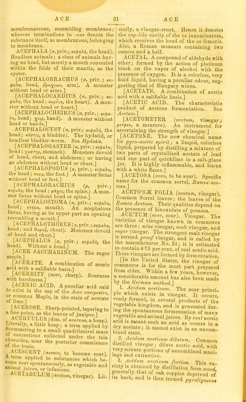 membranaceous, resembling membrane; whereas terminations iu -oiis denote the substance itself, as membranous, belonging to membrane. ACEPHALA (a,priv.; Keipa'kfi, the head). Headless animals; a class of animals hav- ing no head, but merely a mouth concealed within the folds of their mantle, as the oyster. [ACEPHALOBRACHUS (a, priv.; ke- (paXn, head, jipa^tav, arm). A monster without head or arms.] [ACEPHALOCARDIUS (a, priv.; kc- ipa\rj, the head; KapSta, the heart). A mon- ster without head or heart.] [ACEPHALOCHEIRUS (a, priv.; «0a- A;;, head; ;^£(/), hand). A monster without head or hands.] ACEPHALOCYST (a, priv.; KcfaXf,, the head; Kvan;, a bladder). The hydatid, or headless bladder-worm. See Hydatie [ACEPHALOaASTER {a, priv.; Kt^aXr,, head ; yaarrip, stomach). Monsters devoid of head, chest, and abdomen; or having an abdomen without head or chest.] [ACEPnALOPODUS {a, priv.; Kc</,a\v, the head; irovs, the foot.) A monster foetus without head or feet.] [ACEPHALORACHIUS (a, priv.; Kc^paXri, the head ; ptix's, the spine.) A mon- ster fcetus without head or spine.] [ACEPIIALOSTOMA (a, priv.; Kci,a\v, head; cro^a, mouth). An acephalous foetus, having at its upper part an opening resembling a mouth.] [ACEPIIALOTHORUS (a,priv.; KcfaXn, head; and duipa^, chest). Monsters devoid of head and chest.] [ACEPHALUS (a, priv.; Ki^a\,), the head). Without a head.] [ACER SACCHARINUM. The sugar maple.] [ACERATB. A combination of aceric acid with a salifiable basis.] [ACERBITY (acer, sharp). Sourness with harshness.] [ACERIC ACID. A peculiar acid said to exist in the sap of the Acer campestre, or common Maple, in the state of acerate 01 lime.] [ACEROSE. Sharp-pointed, tapering to a hne point, as the leaves of juniper.] ACERVULUS (dim. of acennte, a heap), ^iternlly, a little heap; a term applied by Soemmering to a small quadrilateral mass ot concretions collected under the tela Choroidea near the posterior commissure of the brain. ACESCENT (acesco, to become sour). A term applied to substances which be- come sour spontaneously, as vegetable and nniinal juices, or infusions. ACETABULUM {acctum, vinegar). Lit- erally, a vinegar-cruet. Hence it denotes the Clip-like cavity of the os innominatum, which receives the head of the os femoris. Also, a Roman measure containing two ounces and a half. ACETAL. A compound of aldehyde with ether; formed by the action of platinum black on the vapor of alcohol with the presence of oxygen. It is a colorless, very fluid liquid, having a peculiar odour, sug- gesting that of Hungary wines. [ACETATE. A combination of acetic acid with a salifiable basis.] [ACETIC ACID. The charaoteristio product of acetous fermentation. See Acetuin.'\ [ACETOMETER (acetum, vinegar; ixerpov, a measure). An instrument for ascertaining the strength of vinegar.] [ACETONE. The new chemical name for pyro-acetic spirit; a limpid, colorless liquid, prepared by distilling a mixture of two parts of crystallized acetate of lead and one part of quicklime in a salt-glaze jar. It is highly inflammable, and burns with a white flame.] [ACETOSA (aceo, to be sour). Specific name for the common sorrel, Jimnex ace- tosa.l ACETO'S^ FOLIA (acetum, vinegar). Common Sorrel leaves; the leaves of the Bumex Acetosa. Their qualities depend on the presence of binosulate of potassa ACE'TUM (acer, sour). Vinegar. The varieties of vinegar known in commerce are three : wine vinegar, malt vinegar, and siii^oc Vinegar. The strongest malt vinegar IS termed ^jroo/vinegar, and is called by the manufacturer No. 24; it is estimated to contain 4-73 per cent, of real acetic acid, ihese vinegars are formed by fermentation. [In the United States, the vinegar of commerce is for the most part prepared from cider. Within a few years, however a considerable amount has also been made by the Qerman method.'] 1. Acidum aceticum. The sour princi- ple which exists in vinegar. It occurs, ready formed, in several products of the vegetable kingdom, and is generated dur- ing the spontaneous fermentation of manv vegetable and animal juices. By real acetic acid is iiioant such an acid as occurs in a dry acetate; it cannot exist in an uncom- bined state. 2. Acidum aceticum dilutum. Common distilled vinegar; dilute acetic noid, with very minute portions (/f uncombined muci- lage and oxtraclivc. 3. Acidum aceticum fortius. This va rietyis obtained by distillation from wood, genera ly that of oak coppice deprived of us bark, and is then termed pyroligncou.